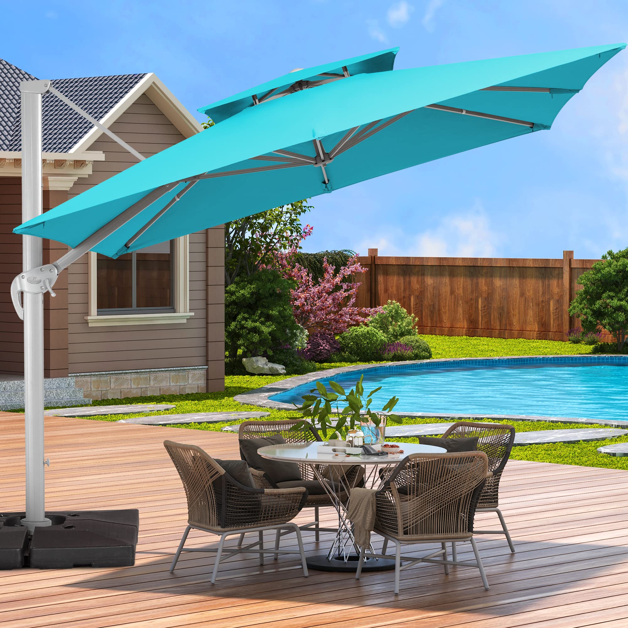 JEAREY 10FT All-Aluminum Cantilever Patio Umbrella Deluxe Large Outdoor Square Umbrella 2 Tier Offset Hanging Umbrella Heavy Duty Pool Umbrella with Brand Crank & 6 Gears Lift System for Deck Yard Patio Garden Lawn Market, Sky Blue