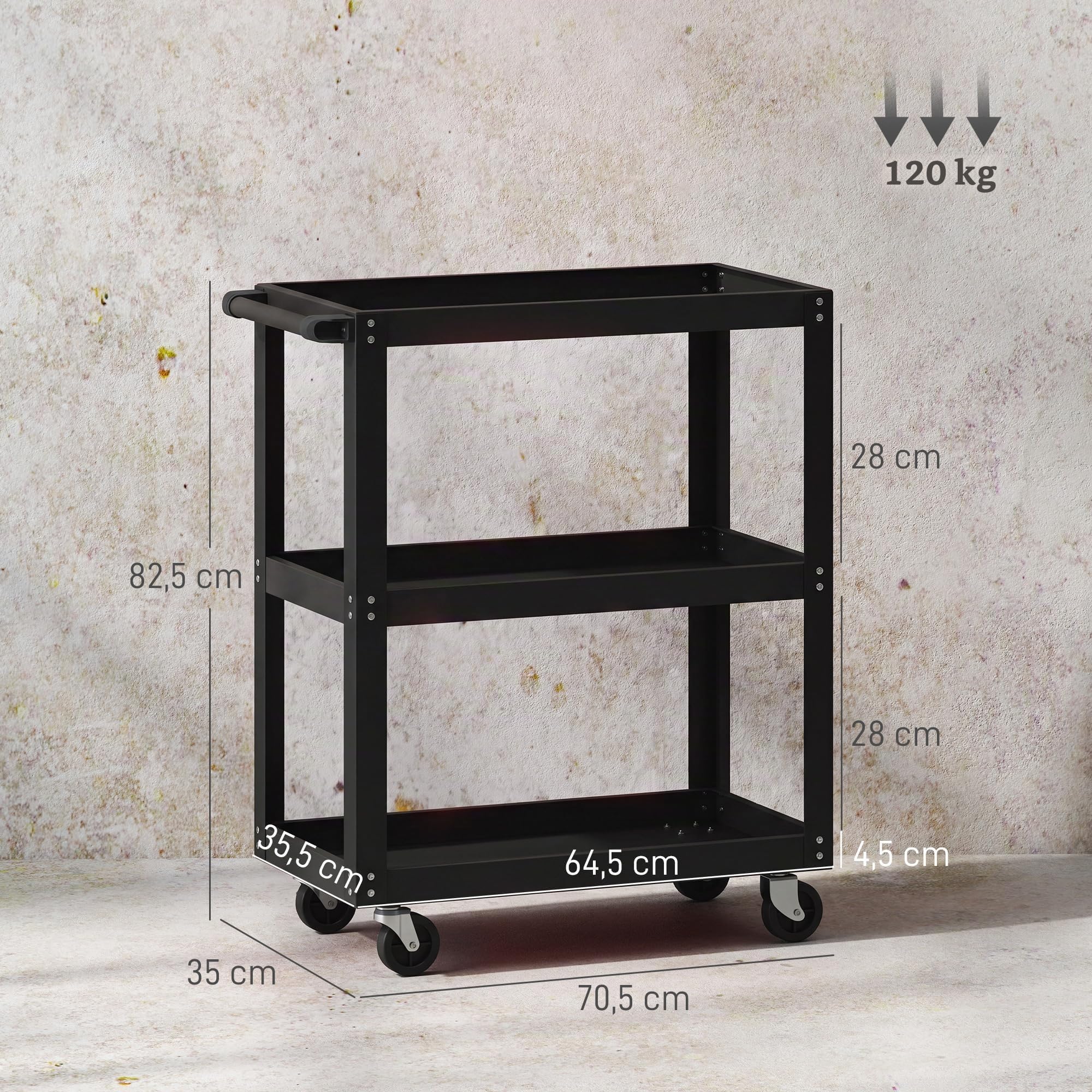 HOMCOM Chariot d'Atelier Servante d'Atelier 3 Niveaux 70,5x35x82,5cm Noir