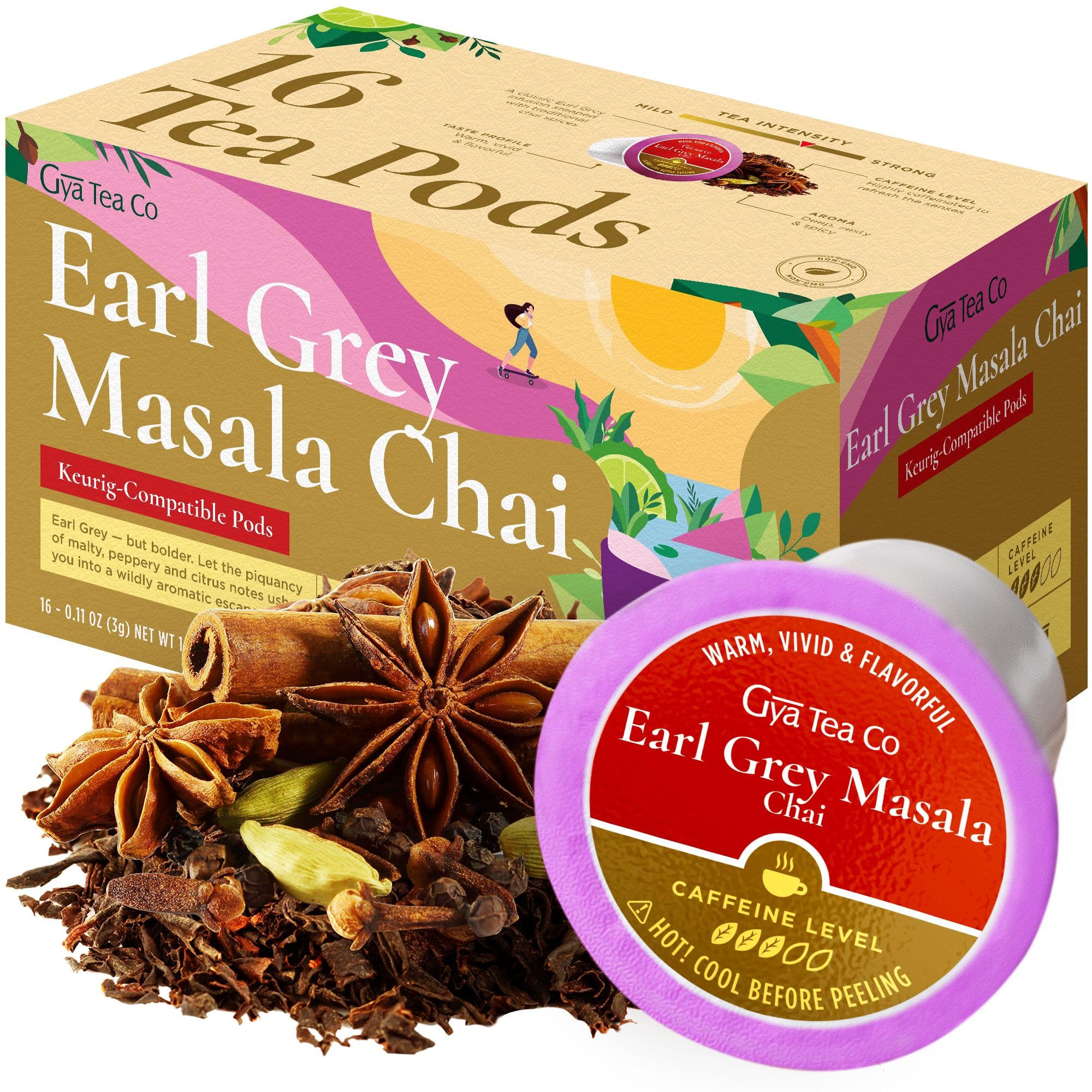 Gya Tea Co Earl Grey Masala Chai Black Tea Pod (16 ct) - Caffeinated Smooth Tea Rich in Citrusy for Refresh & Energy