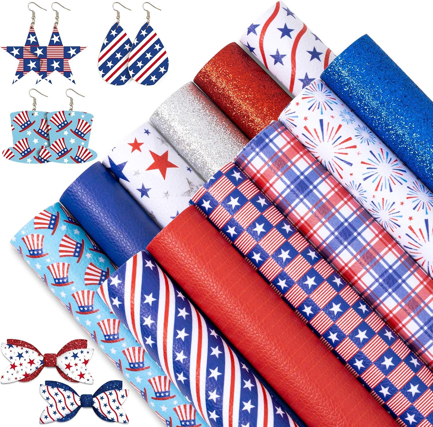 Whaline 4th of July Faux Leather Sheets 8 x 12 Inch Patriotic Synthetic Leather Fabric Glitter Red Blue Star Stripe National Flag Faux Leathers for 250th Anniversary Independence Day DIY Craft, 12 Pcs