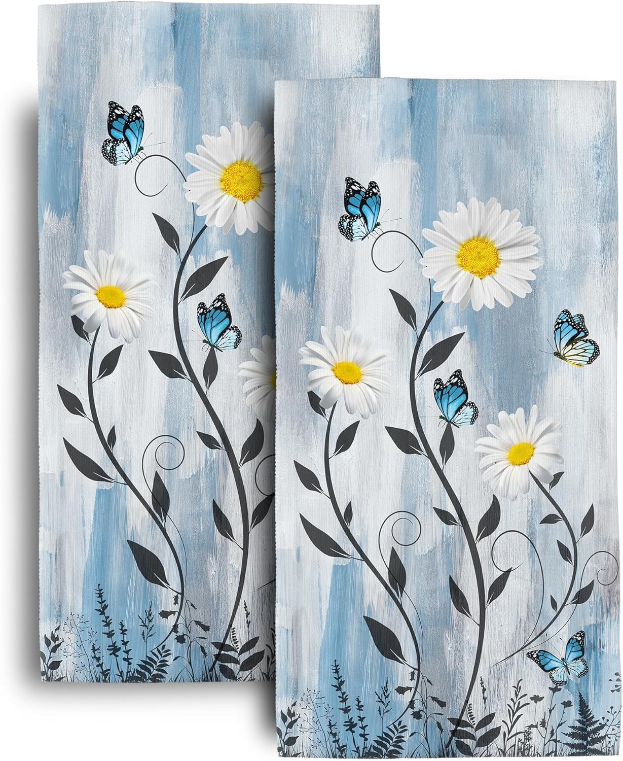 Butterfly and Daisy Floral Bath Hand Towels Set of 2 Soft Absorbent Flowers Blue