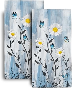Butterfly and Daisy Floral Bath Hand Towels Set of 2 Soft Absorbent Flowers Blue Decorative Hand Towels for Bathroom Kitchen Beach Spa Gym Yoga Home Decor 14"x28"
