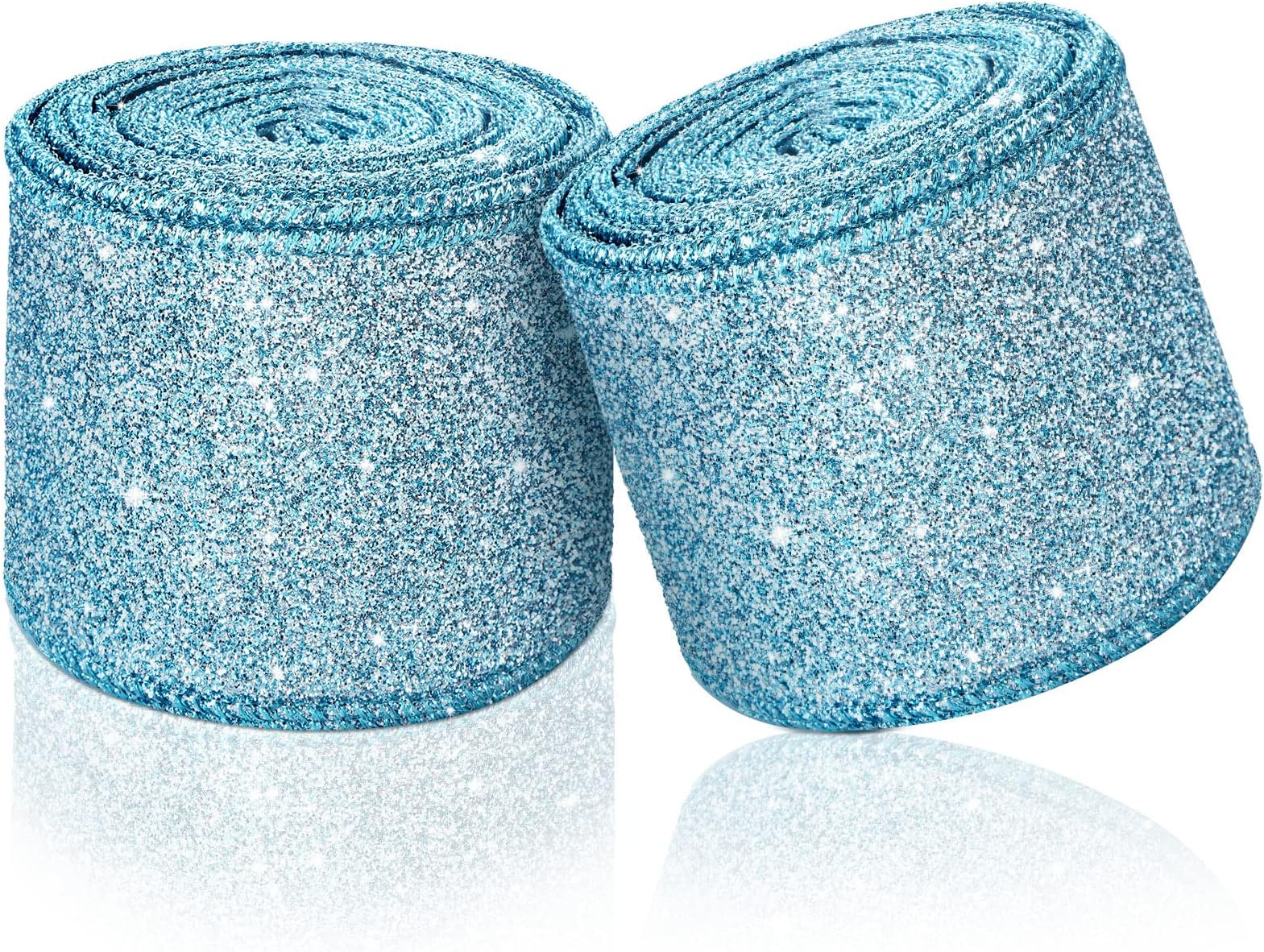 Dilunave 2 Rolls 20 Yards Christmas Ribbon Metallic Glitter Ribbon Wired Edge Decorative Fabric Ribbons for Party Wrapping Home Decorations Wedding Birthday DIY Crafts 2.5 Inch (Light Blue)