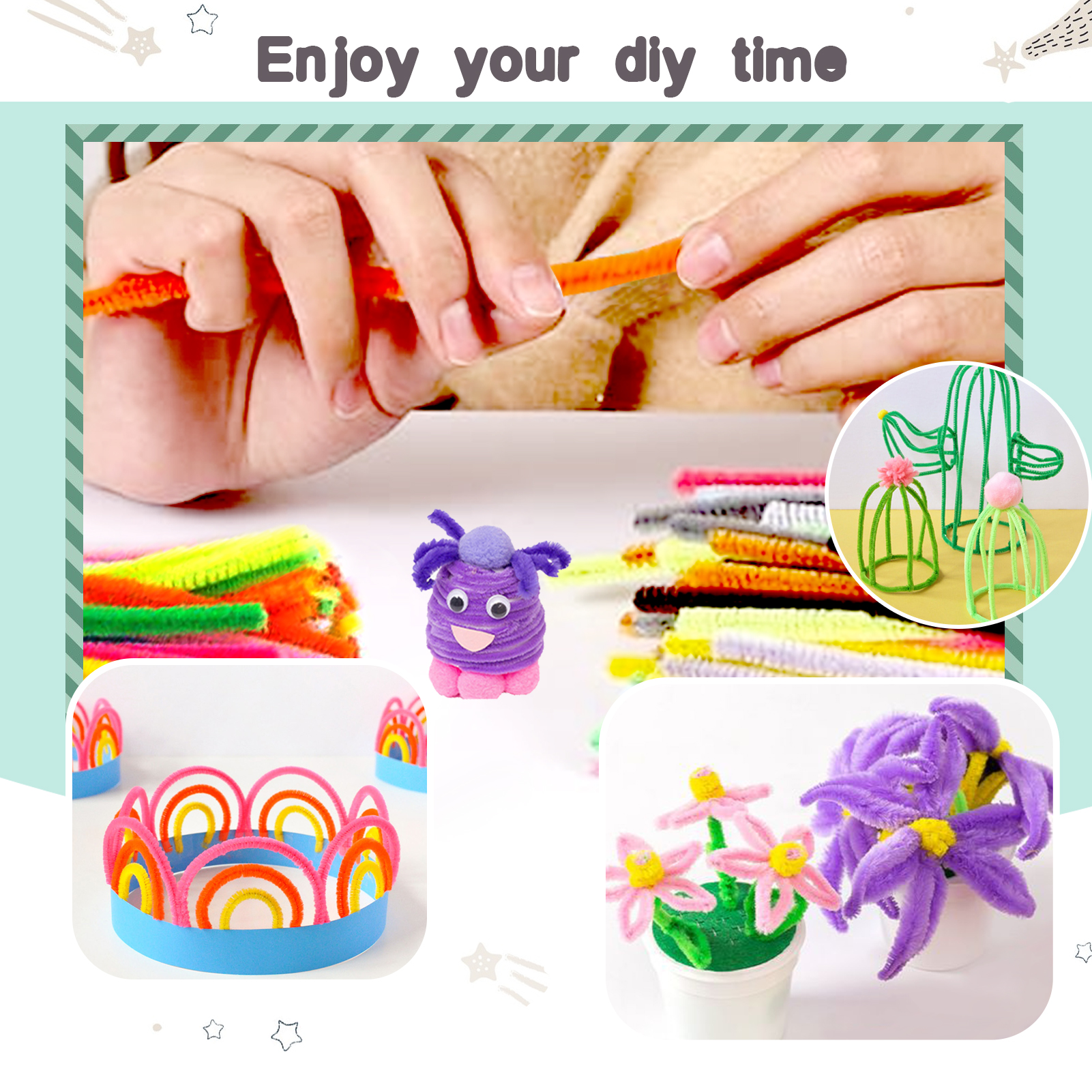 100 Scovolini Colorati Per Lavoretti - Steli In Ciniglia 30cm, 10 Colori, Per Decorazioni E Pulizia - Foto 2