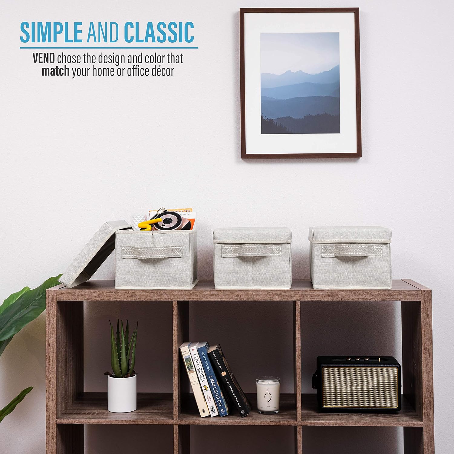 VENO Foldable Storage Bin with Lid, Sturdy Storage Box, Closet Organizer, Nursery Hamper, Collapsible Basket with Handle for Home, Bedroom, Playing Room, Office, Living Room (3-Pack, Medium, Beige)