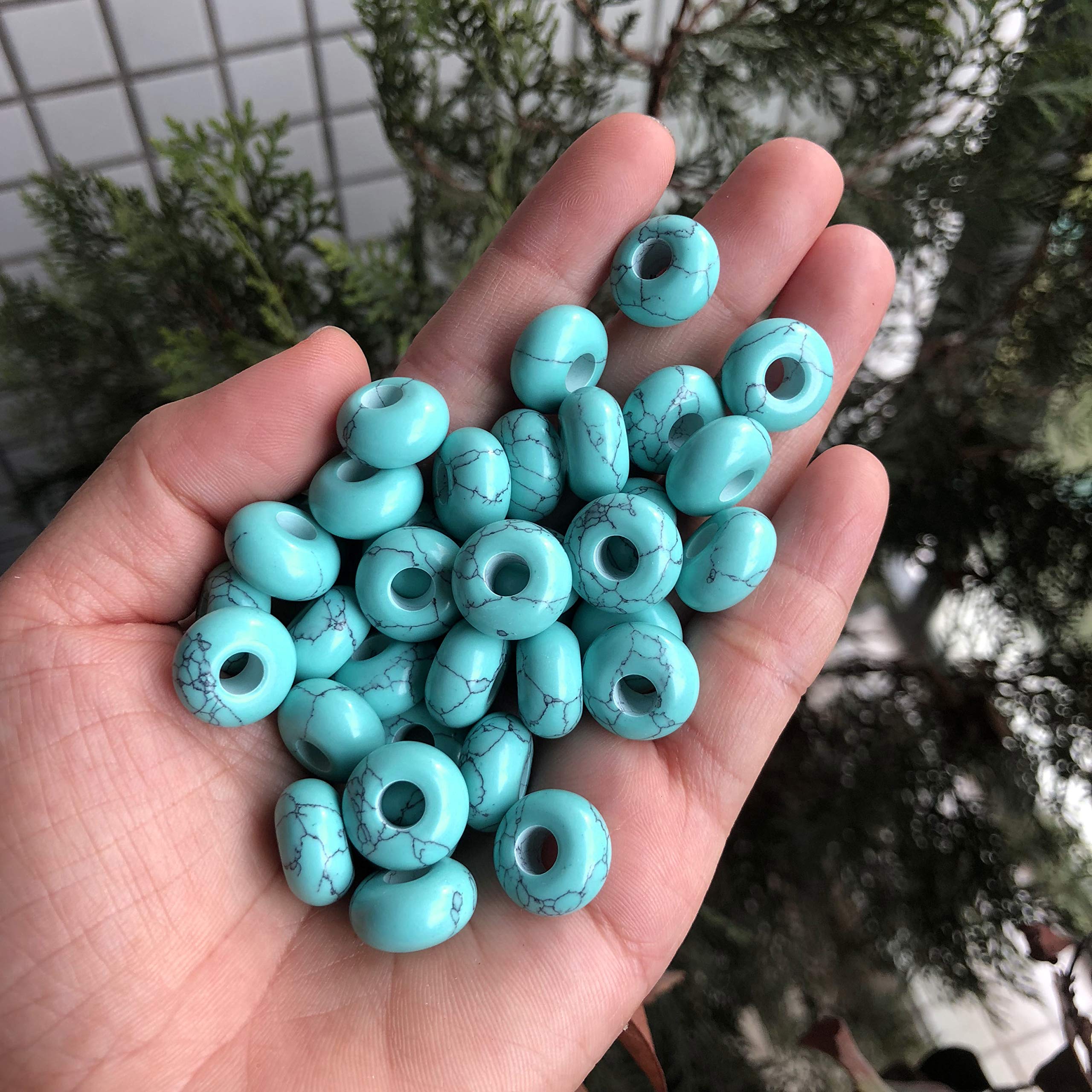 favoramulet 25Pcs Large Hole (5-6mm) Rondelle Gemstone European Bead for Charm Bracelet, Jewelry Making, Green Howlite Turquoise