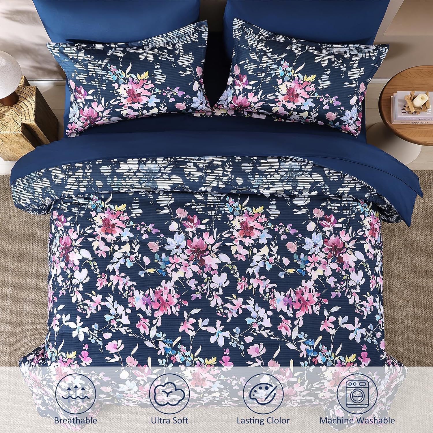 Dobuyly Navy Blue Comforter Set Queen Size, 7 Piece Floral Bedding Comforter Sets, Bed in a Bag Botanical Flower Pattern with Sheets, Pillowcases & Shams for All Season