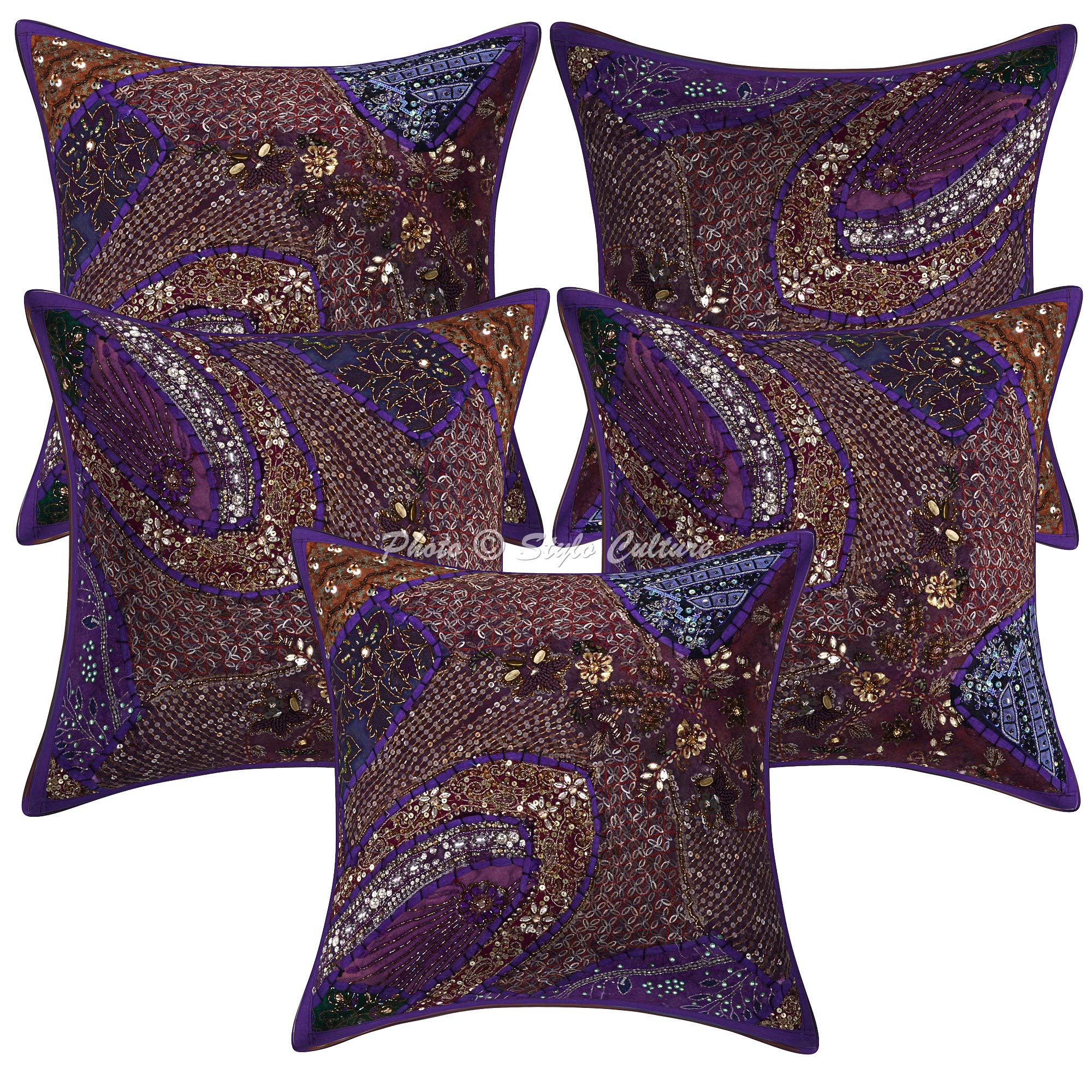 Bohémien Fodere Per Cuscini 40x40 cm Decorativo Per Abbellire Letto Design Del Collo Patchwork Ricamato Con Perline Viola Quadrato Elegante Federe Per Cuscino Soggiorno Sedie - 5 pezzi