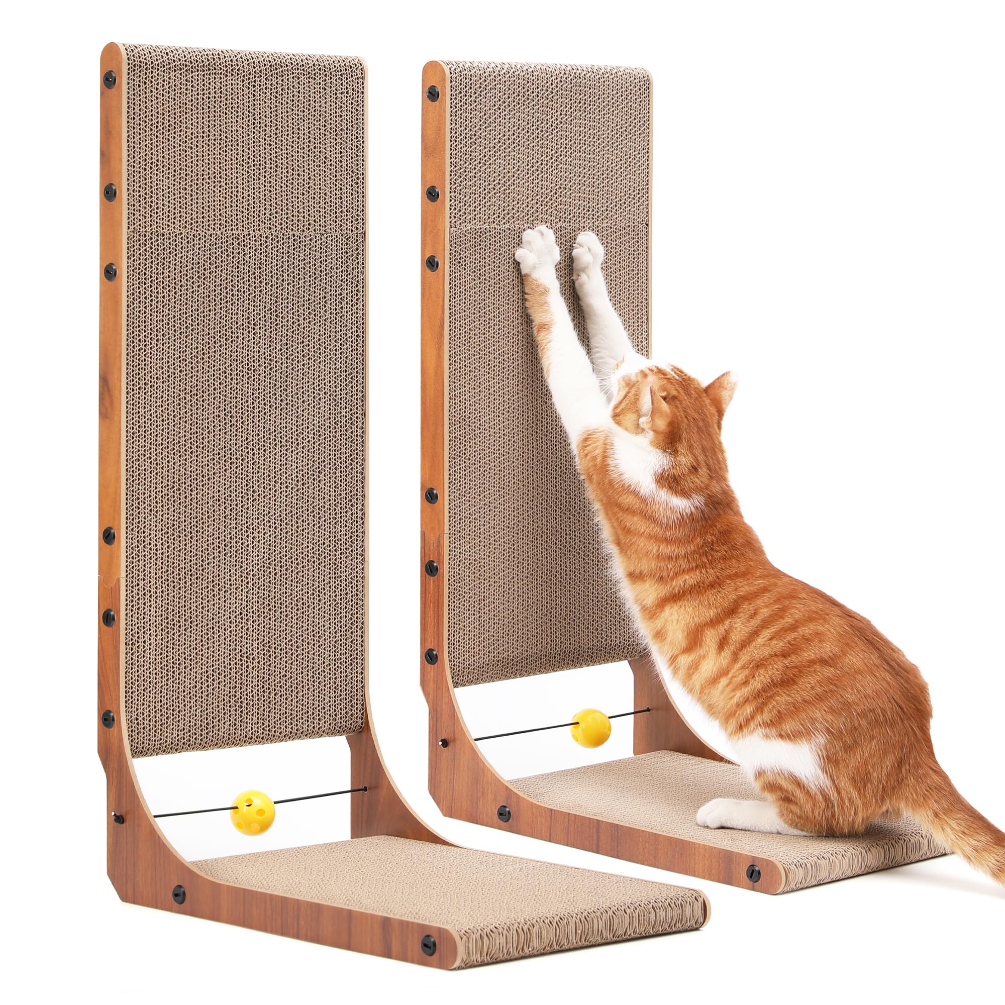 FUKUMARU Cat Scratcher, 68 cm Cat Scratch Pad for Indoor Cats, L Shaped Cardboard Vertical Cats Scratching Board with Ball Toy, Walnut Color, 2 Packs