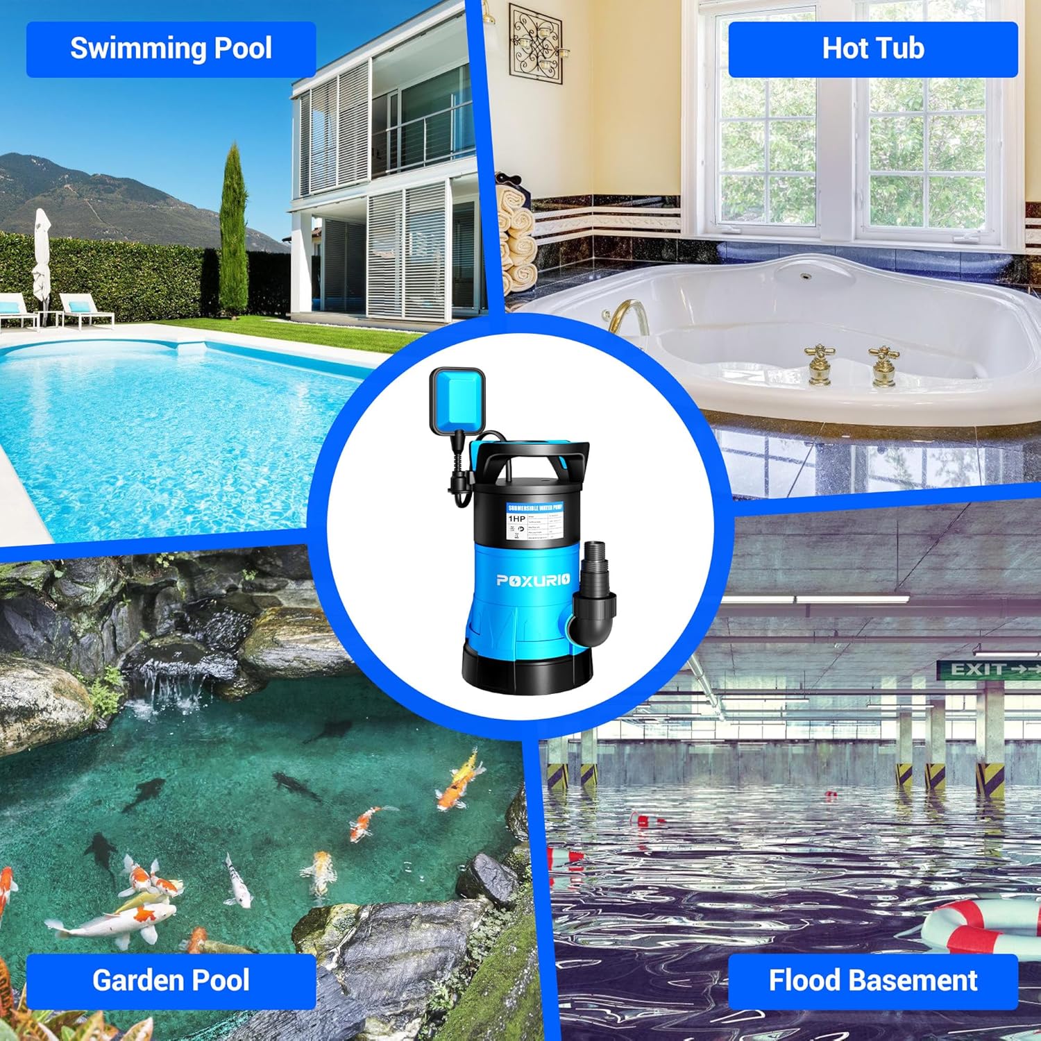 Various applications for the sump pump including pools, hot tubs, garden ponds, and flooded basements