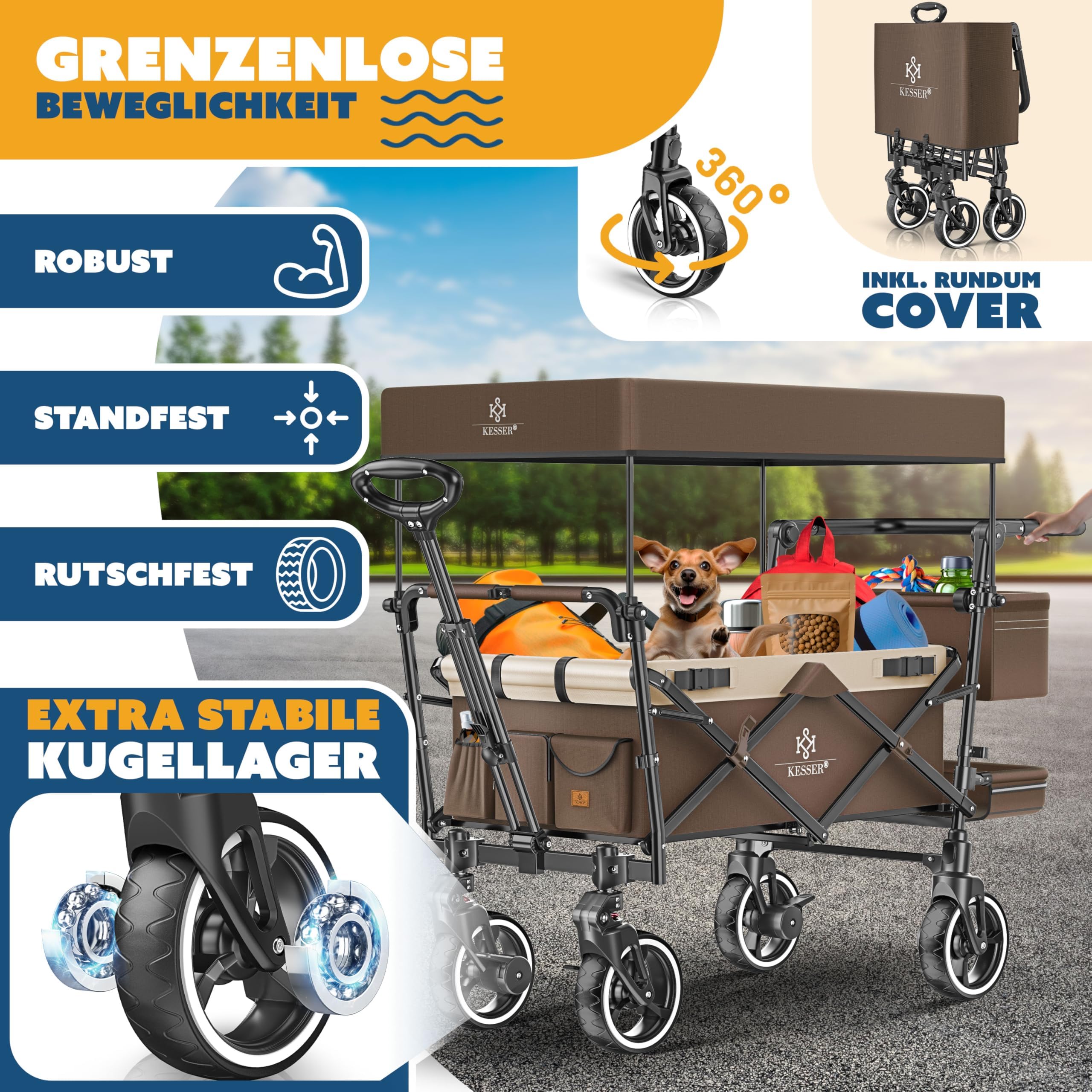 KESSER GTS-9100 - Carrello pieghevole con tetto, portata fino a 150 kg, con ruote in gomma dura e freni di stazionamento anteriore/posteriore, con serratura, copertura, intemperie e protezione da