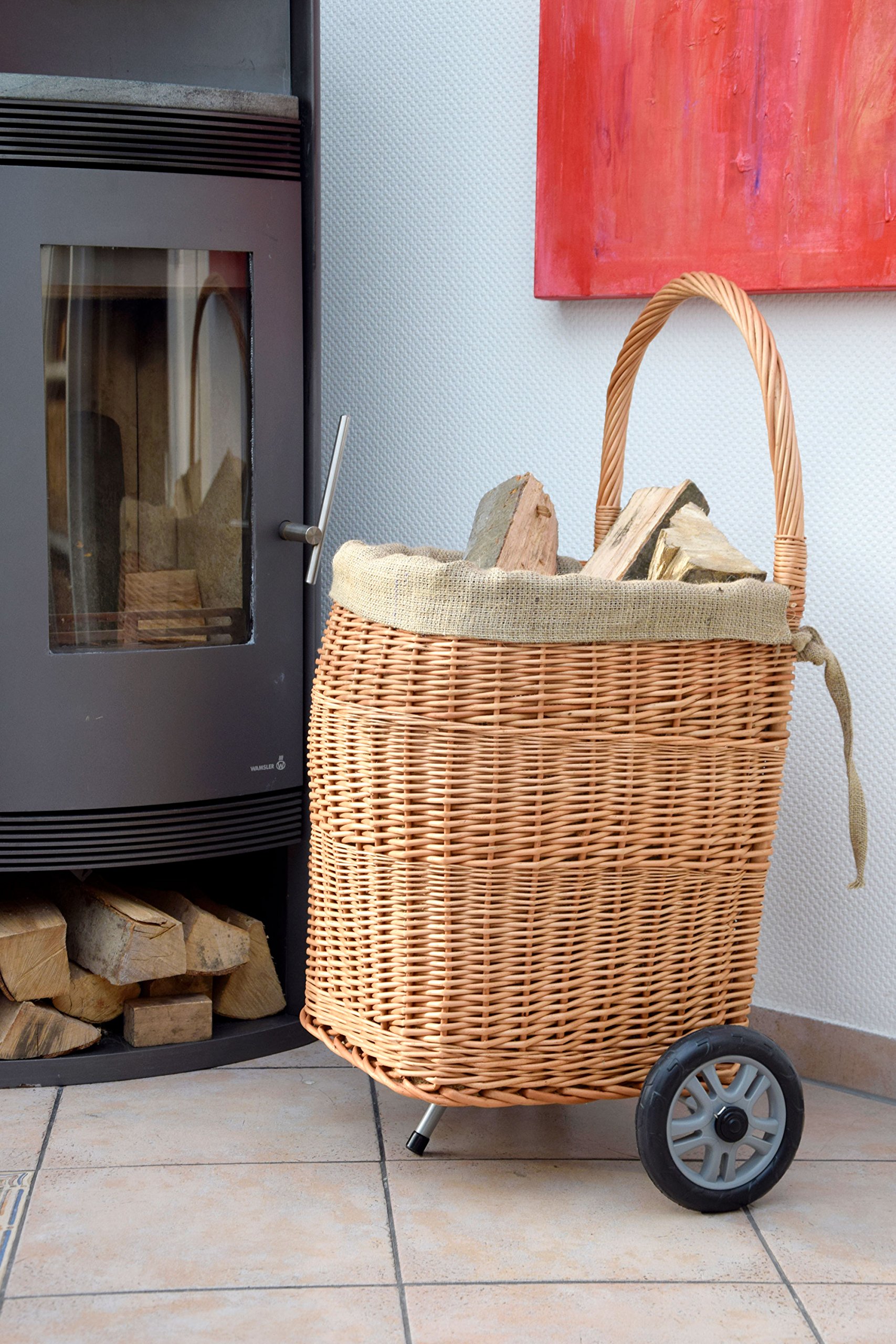 dobar Pratico Carrello portalegna in Vimini semigreggio con Robusta plastica Ruote, Camino Cestino di Legno, Marrone, 44 x 40 x 93 cm