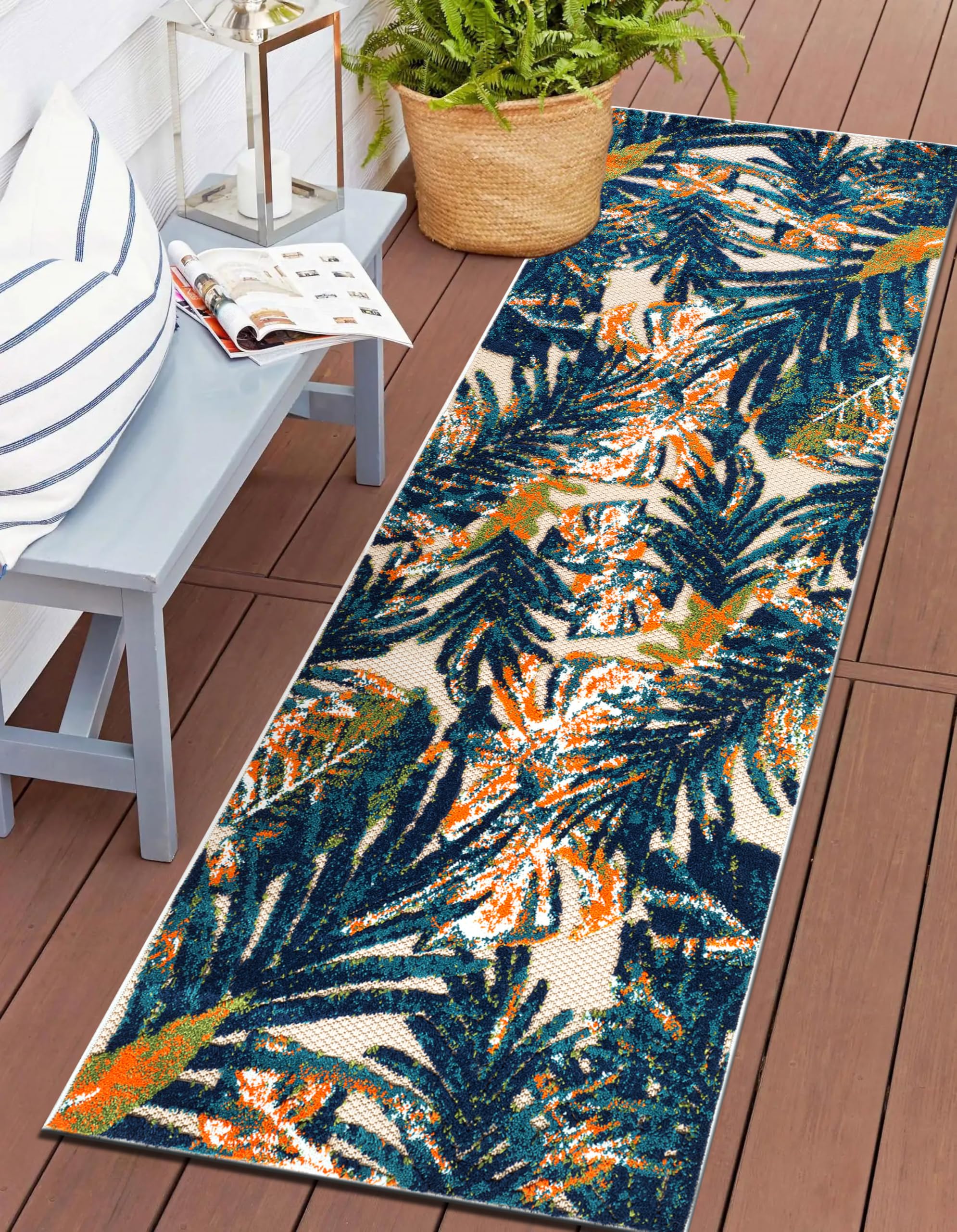 Rugshop Tropical Floral Leaves Indoor/Outdoor Runner Rug Durable Polypropylene, Non-Shedding, Easy to Clean, Perfect for Patio, Backyard, Deck and