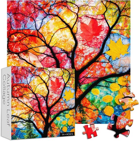 Plant Collage Puzzles for Adults 1000 Pieces, Larkipuzz Colorful Tree Puzzle Autumn Leaf, Impossible Nature Theme as Wall Art