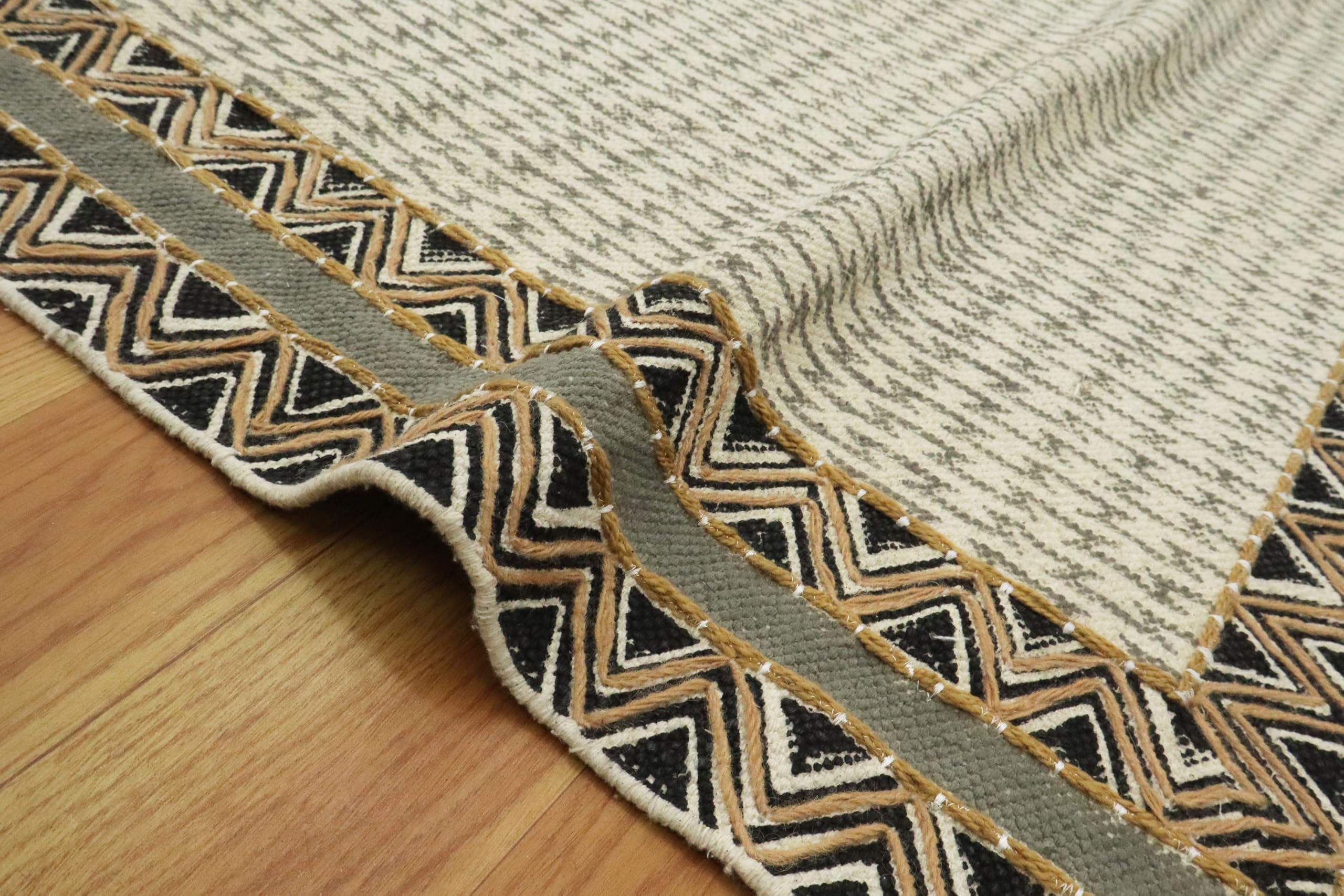 Kelim-Teppich, handbedruckt, Baumwolle, 3 m, quadratisch, grau-braun, Stickerei, geometrisches Design, Handoberfläche, waschbar, 0,5 cm dick, Boho-Flachgewebe, Teppiche für Flur, Esszimmer