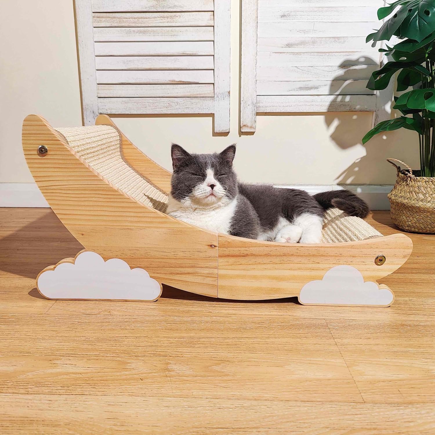 Sisal Cat Scratcher for Indoor Cat Scratching Post Lounger Modern Pet Furniture Cat Chair with Natural Wood Replaceable Sisal with Catnip and Felt Pads,Medium Size(Lunar Shade)