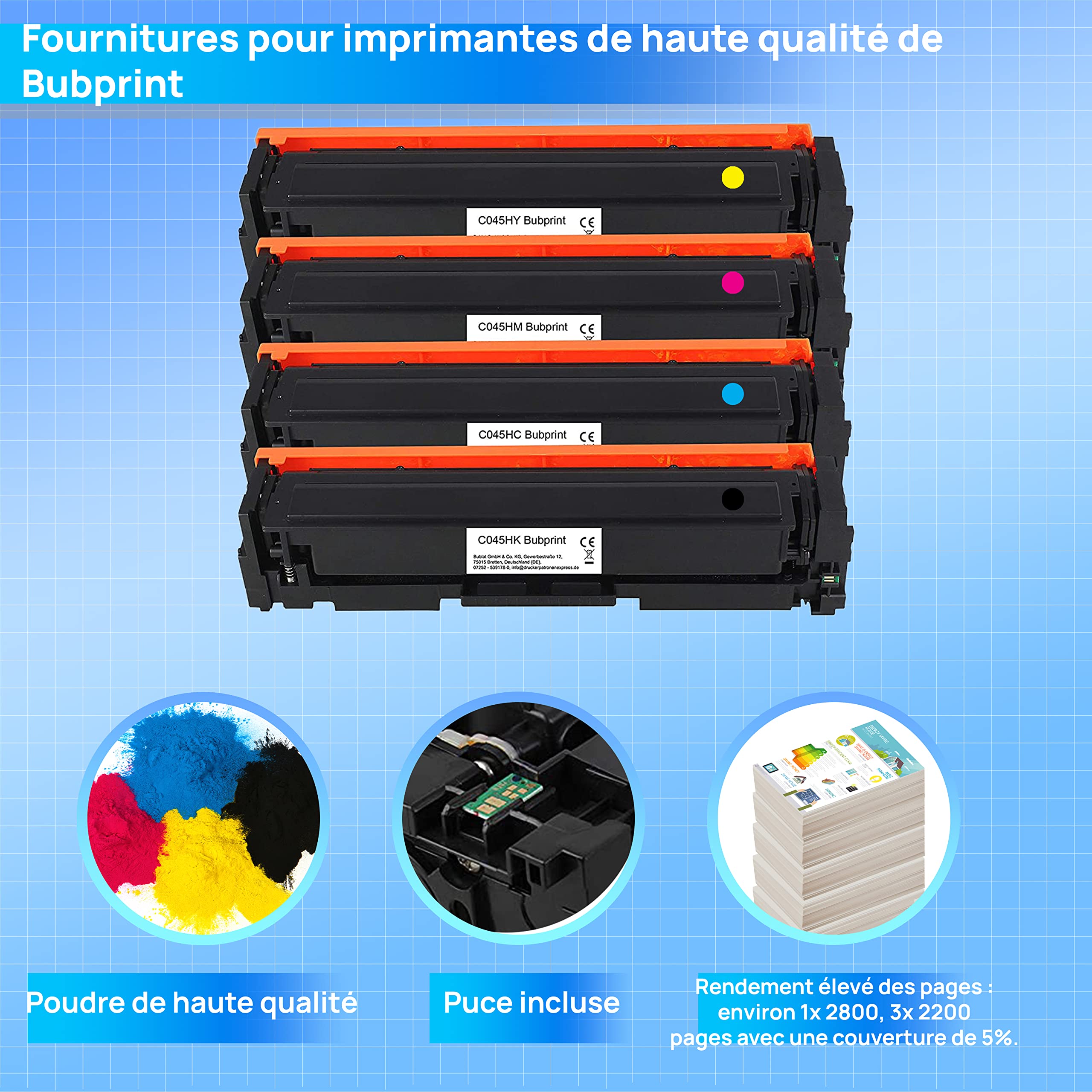 Bubprint Lot de 4 Toners compatibles avec Canon 045 045H