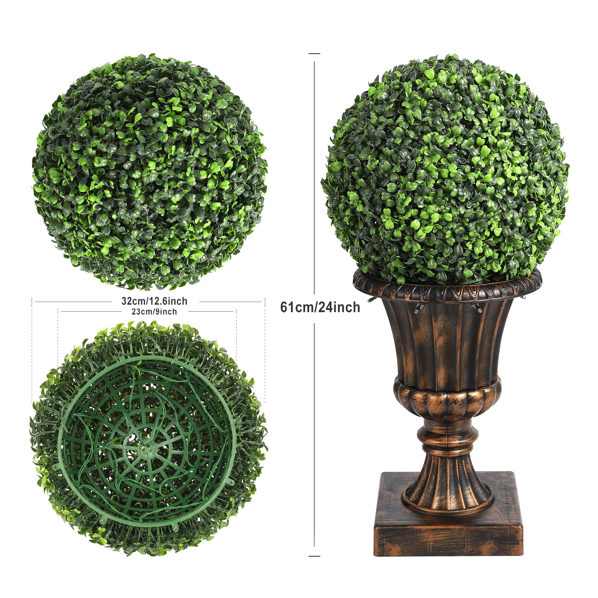 GarveeHome Topiaire Artificiel en buis éclairé avec Pots Vintage - 2 Boules Vertes 24" 38 LED Blanc Chaud - Résistant UV/intempéries, Jardin, Balcon, entrée