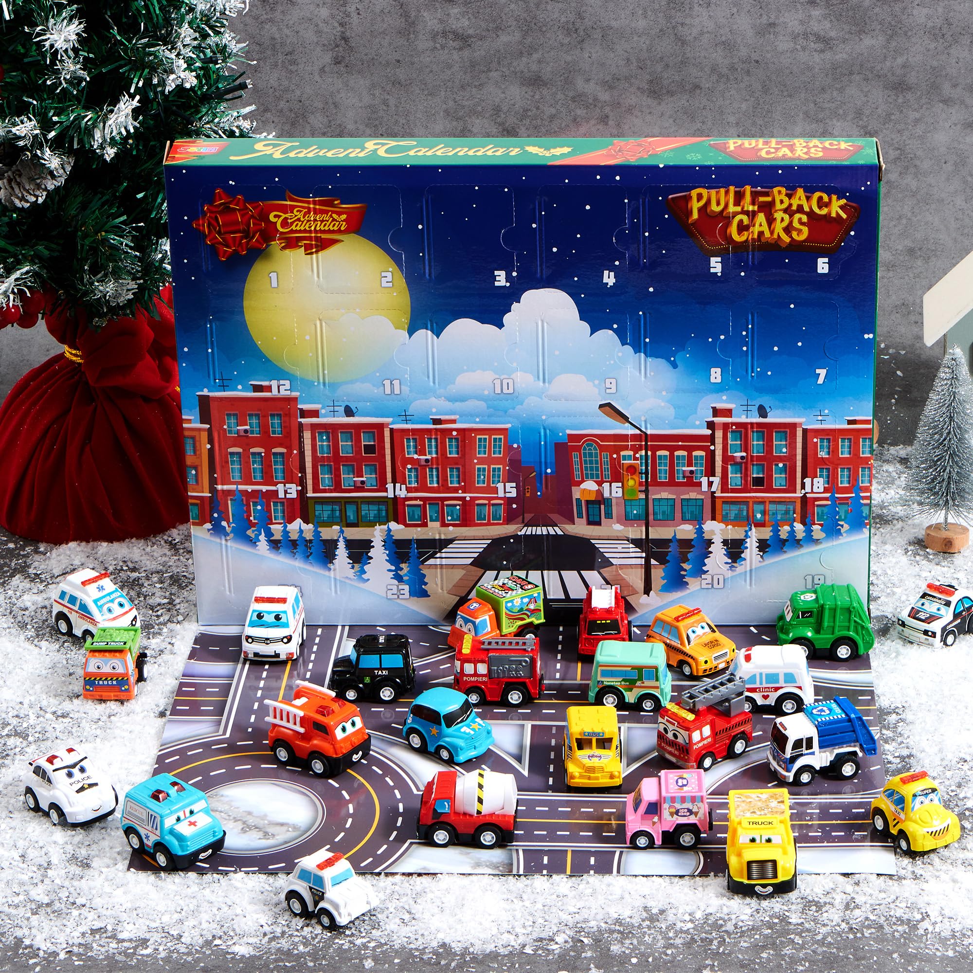 JOYIN 2024 Adventskalender Kinder Weihnachten 24 Tage Countdown Kalender Spielzeug für Kinder mit Pull Back Auto Spielzeug