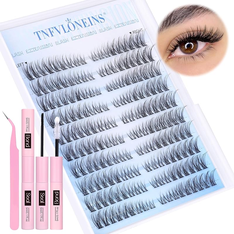 Kit de cílios postiços em tufos C Curl TNFVLONEINS com cola, selante e pinça — 180 unidades