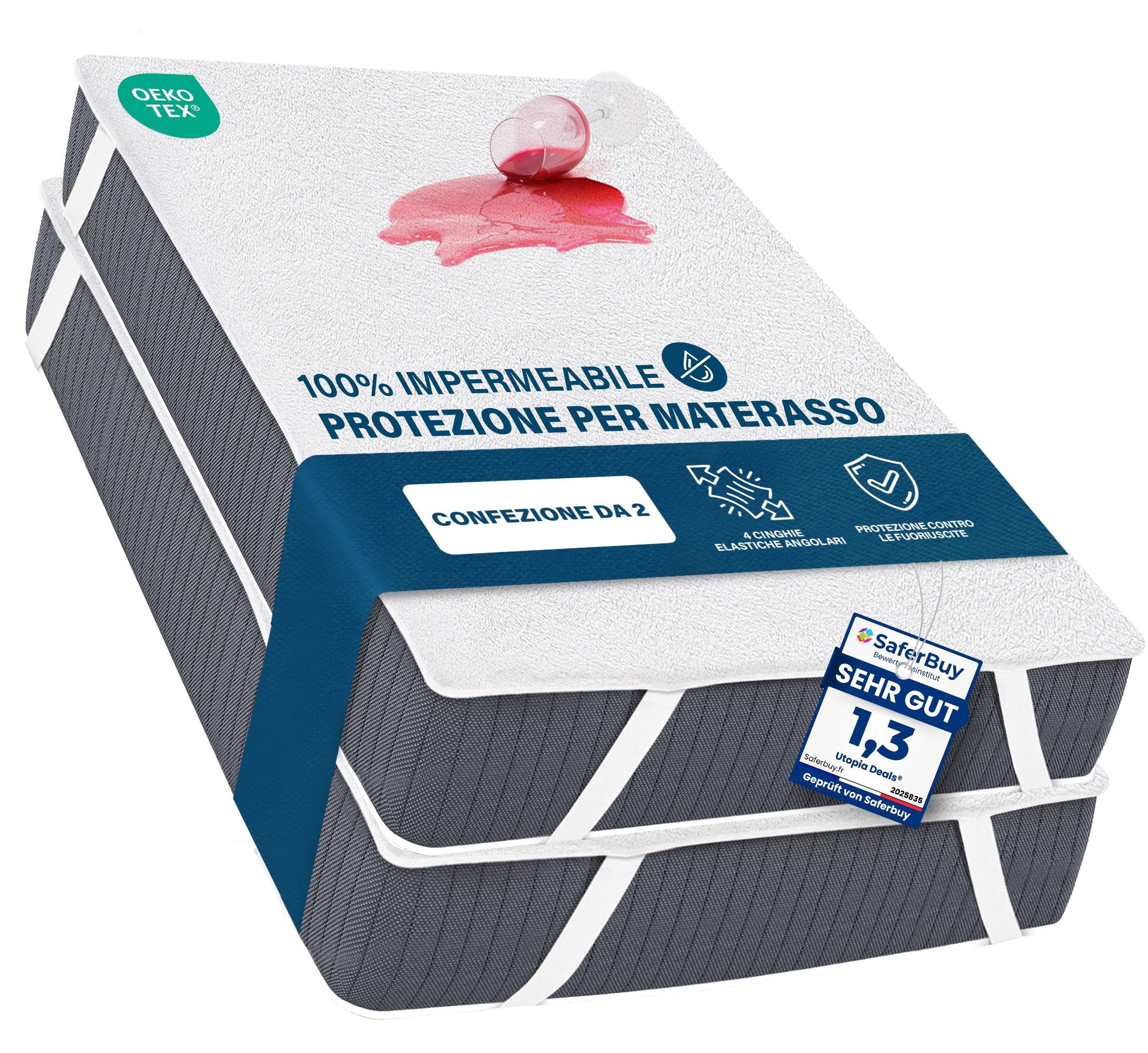 Utopia Bedding Coprimaterasso Matrimoniale Impermeabile 180 x 200 cm (Confezione da 2), 4 Angoli Elasticizzati, Certificato OEKO-TEX, Proteggi Materasso, Traspirante, Lavabile