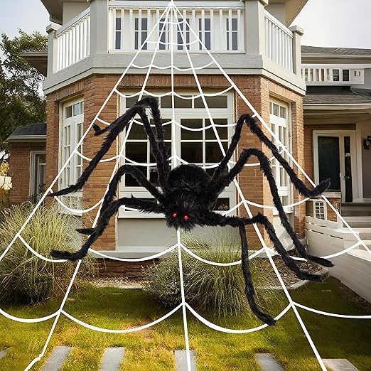 JOYIN Halloween Decoration Outdoor, 59'' Giant Spider with 400 sqft Spider Web Outside Decor, Stretchy Triangular Spiderweb 23 x 18 ft for Yard Haunted House Indoor Decor Supplies
