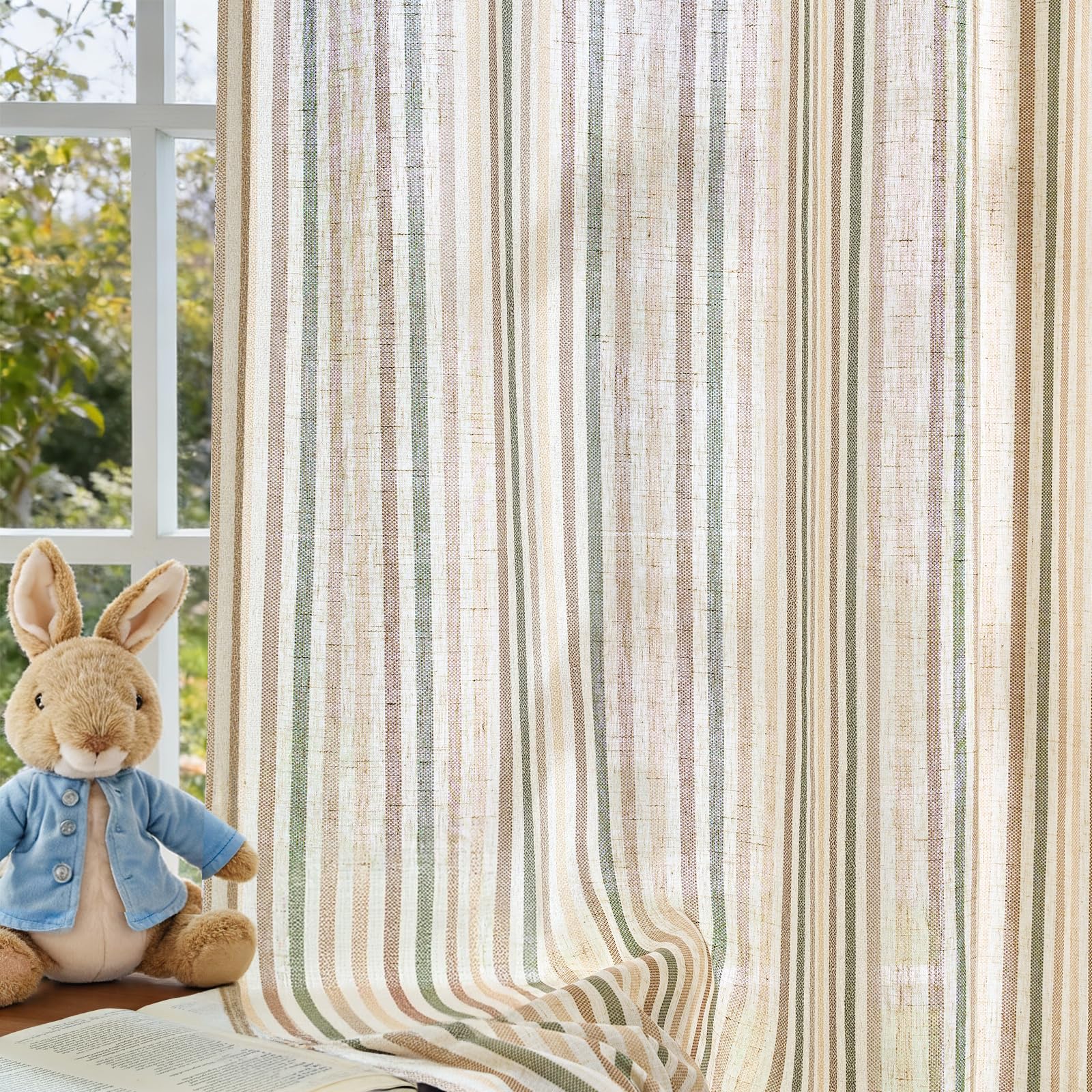 Photo 1 of Vangao Linen Stripe Nursery Curtains for Kids Tickingstripe Light Filtering Window Curtains Colorful Pinstripe Printed Drapes 63 Inches Long for Living Room Boys Bedroom Colorful Green 2 Panels
