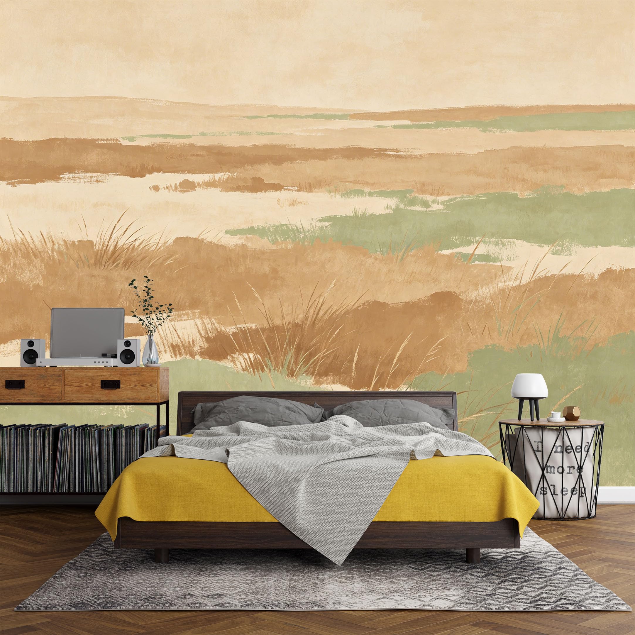 Custom Size Wall Mural， Botanical Meadow Grassland Watercolor Landscape Pastel Nature Scene，SelfAdhesive Art Prints wall Fabric (No PVC) Removable Wallpaper Living Room Decor