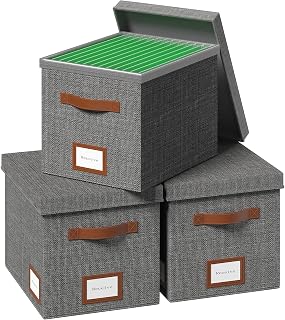 File Organizer Box with Lid File Box for Hanging Decorative File Organizer with One-Piece Integrated Plastic Slide Rail (Grey, 13.2x10.1x10.1inch(3pack))