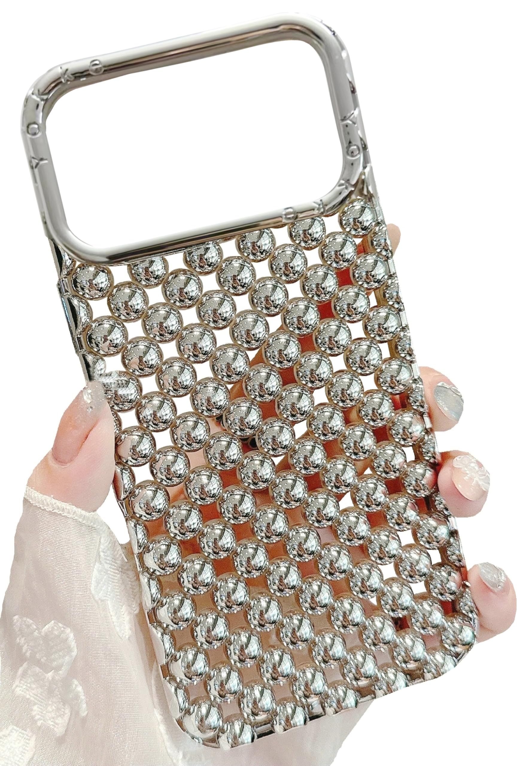 JANDM Hollow Out Compatible with iPhone 17 Pro Max Case, Fashion Beads Bubble 3D Cut-Out Design,Glossy Chrome Electroplate Silicone Glitter Breathable Case for Women Girls