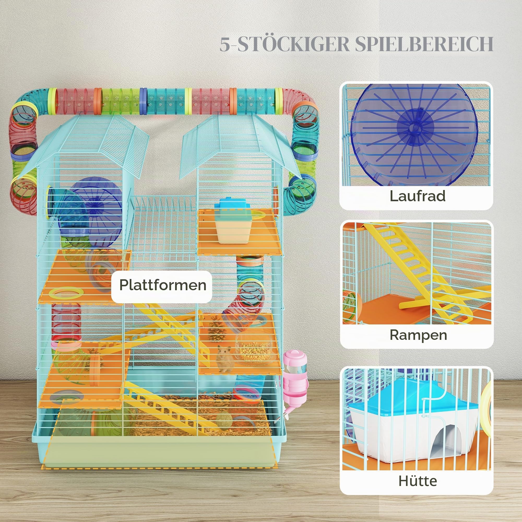 PawHut 5-stöckiger Hamster- und Nagetierkäfig, Hamsterkäfig mit farbigen Röhren, Rad, Haus und Zubehör im Lieferumfang enthalten, 47x30x59 cm, hellblau | Hamsterkäfig mit farbigen Röhren, Häuschen, inklusive Zubehör