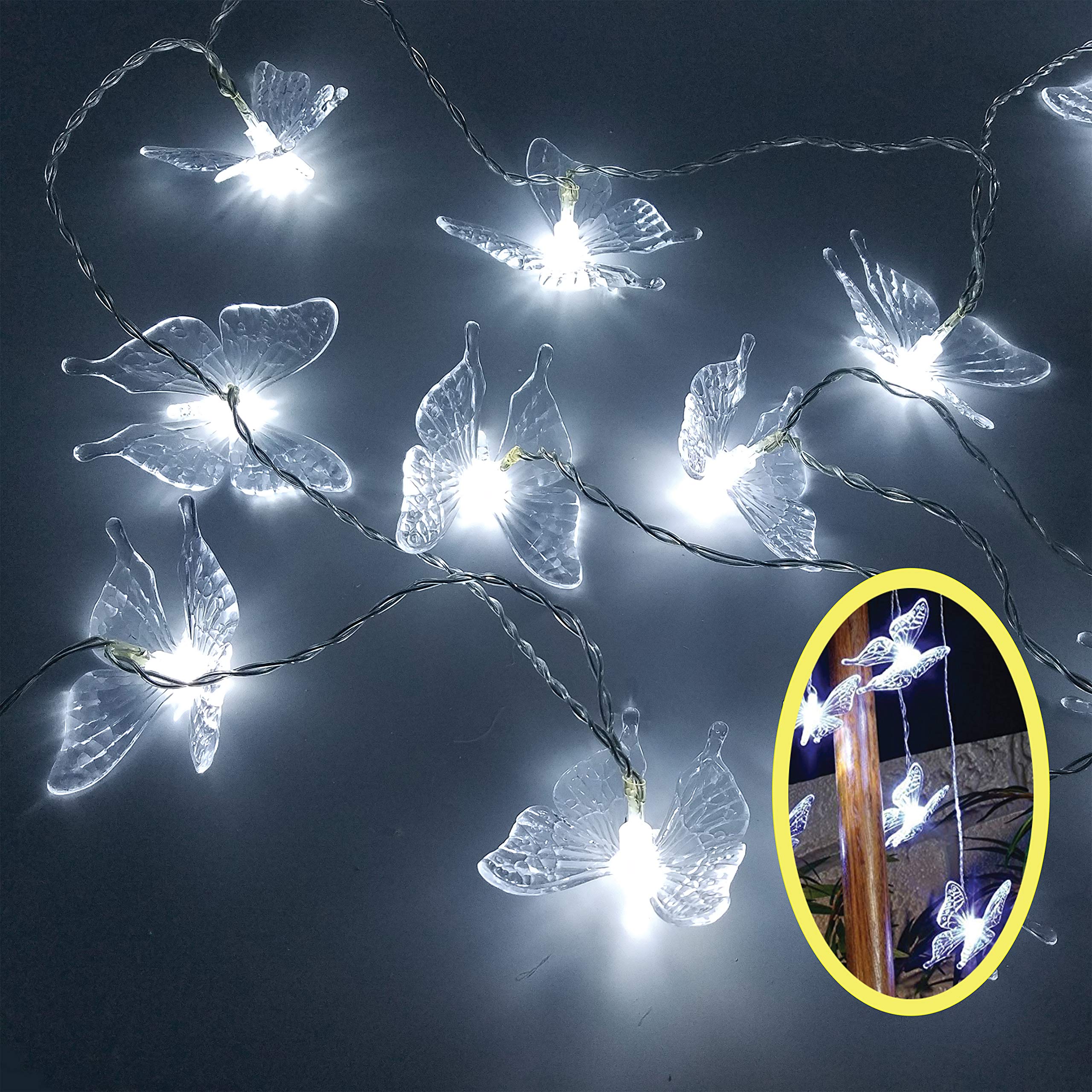 FluxTechFairy Butterfly 12 x White Colour LED String Lights by Santa’s Factory – Timer Function - Battery Operated