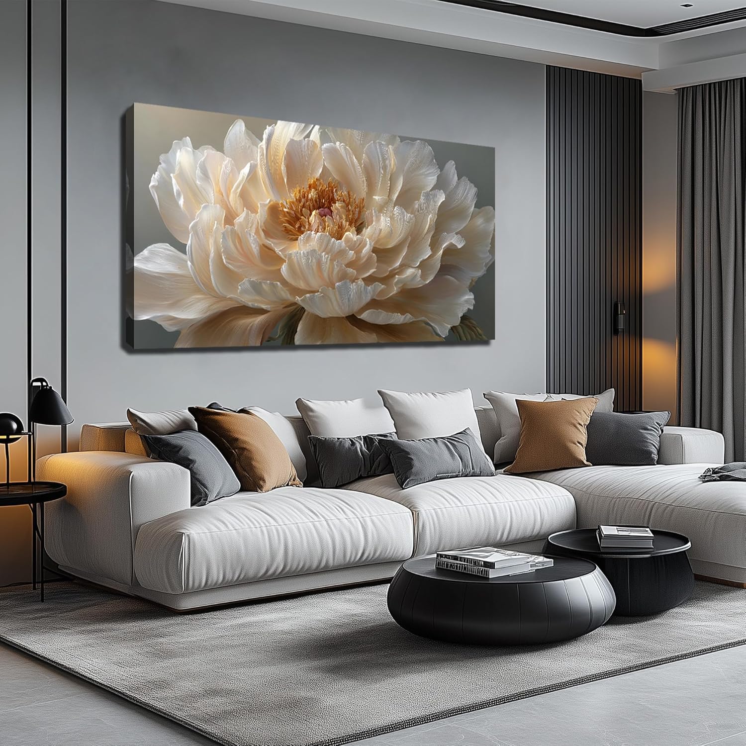 Ouzzlie Large Floral Canvas Wall Decor for Bedroom Living Room Office Light Yellow Wall Art Flower Picture Art White Peony Modern Artwork Posters 24"x48"