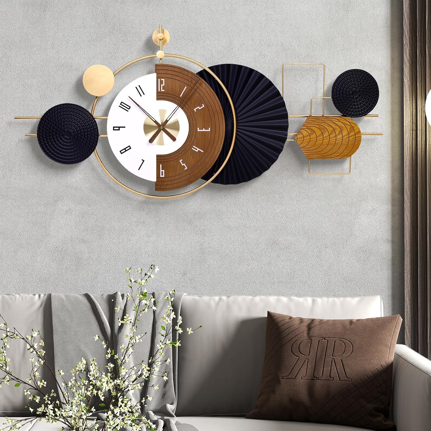 47X21.6inch Extra Large Wall Clock Battery Operated Decorative Modern Clocks for Living Room,Luxury Geometric Wall Clock Artistic Iron Wood Clocks for Suitable for Bed Room, Kitchen, Office Large Black47x21.6inch