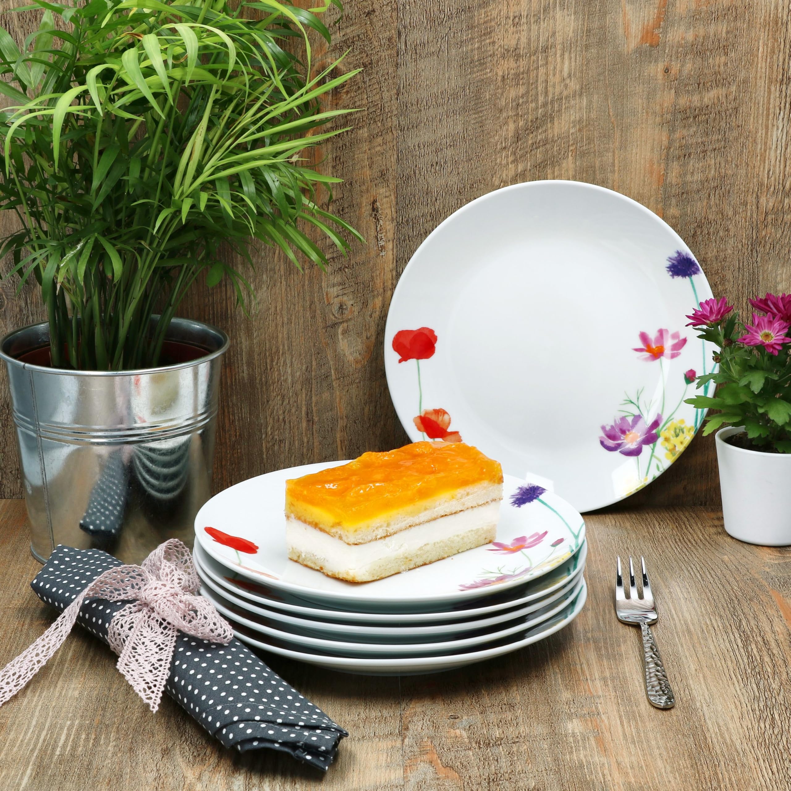 MamboCat Marie 6-częściowy zestaw talerzy na ciasto, porcelanowe talerze śniadaniowe z dekoracją łąki kwiatowej dla 6 osób, małe talerze do sałatek, deserów, przekąsek itp.