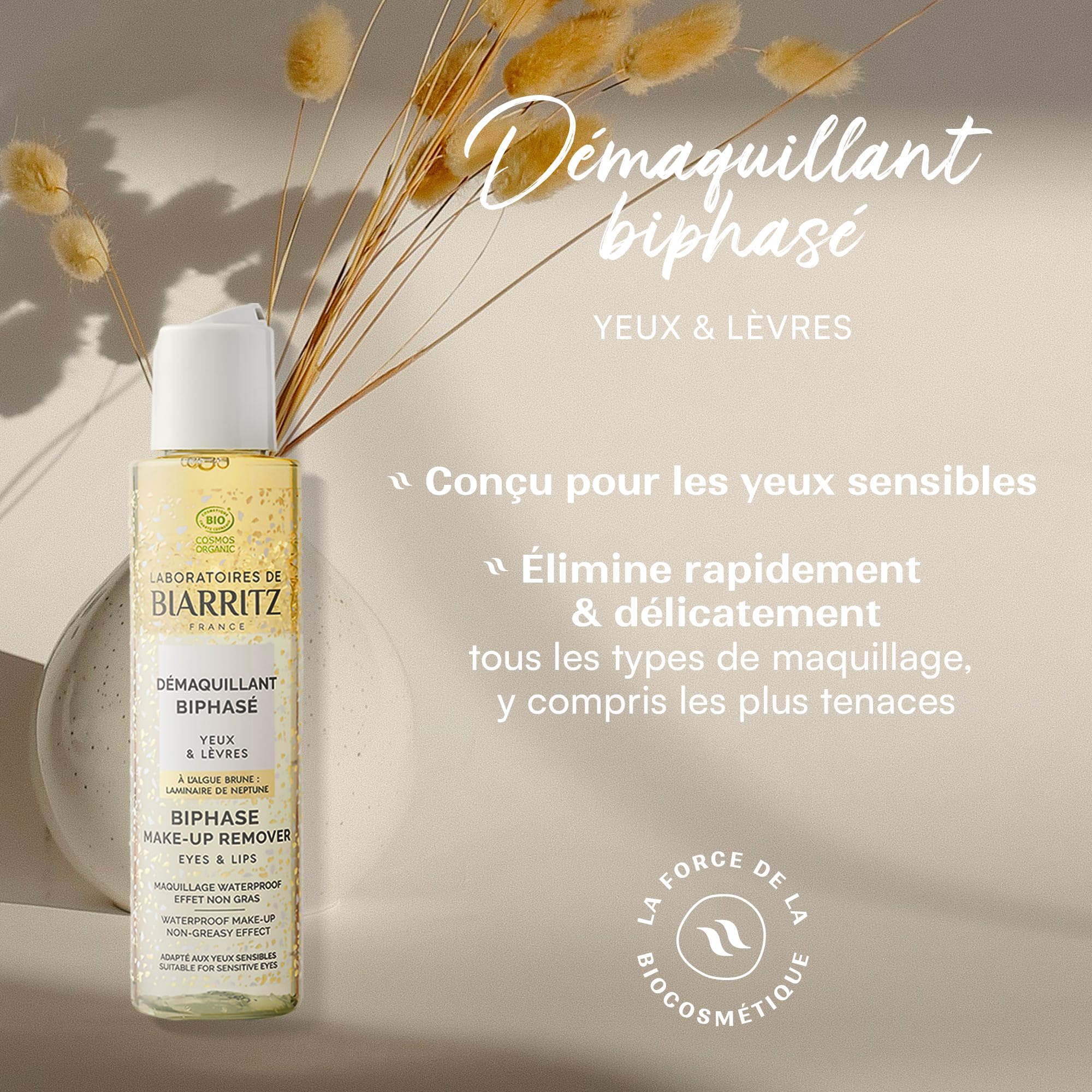Laboratoires de Biarritz Démaquillant Biphasé Bio 125 ml | Yeux et Lèvres, Élimine Rapidement Tous Types de Maquillage, Formule Vegan, Certifié Bio, Fabriqué en France