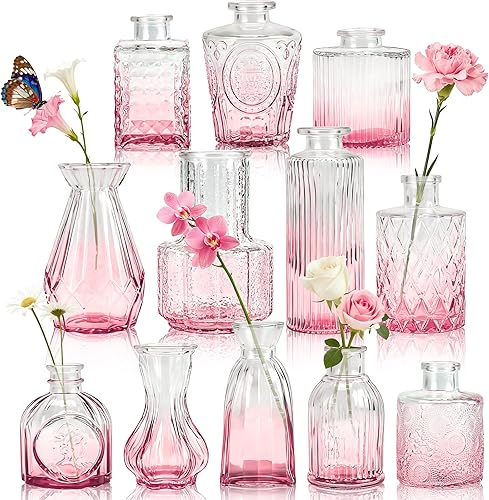 Miniatura 12 de Der Rose Juego de 12 jarrones de vidrio ámbar, pequeños jarrones para flores, centros de mesa rústicos de boda y decoración del hogar