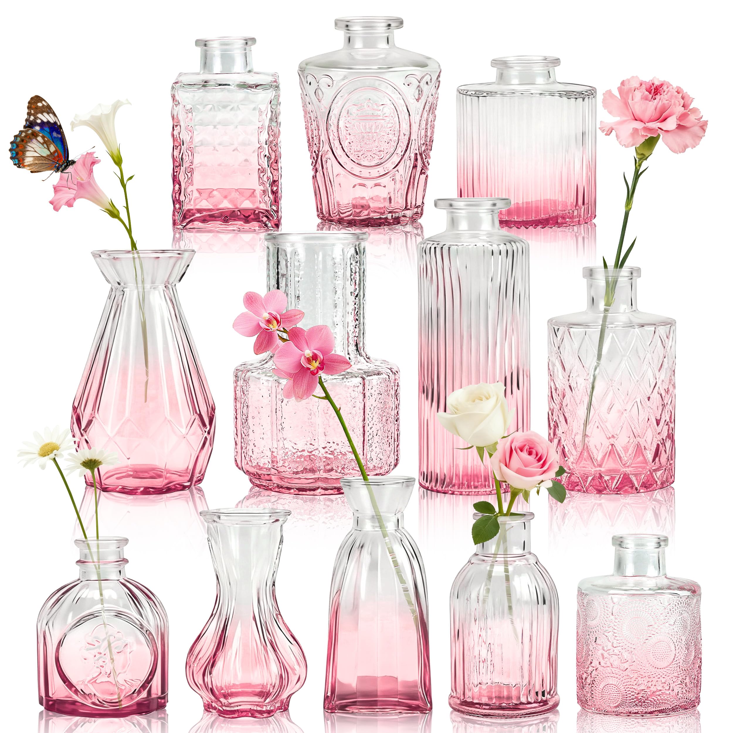 Der Rose Pink Vases Set of 12, Small Bud Vases for Flowers, Rustic Wedding Centerpieces and Home Decor