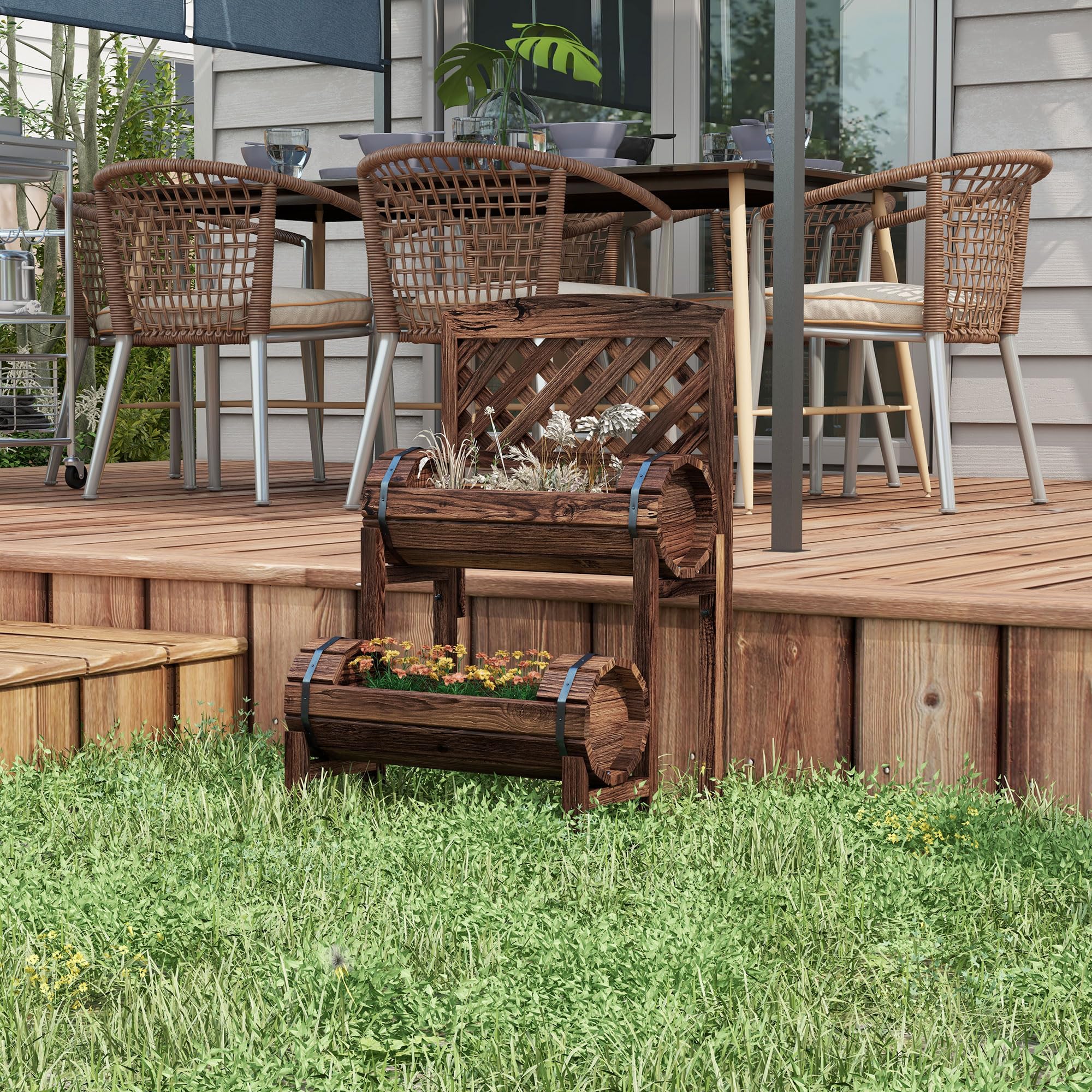 Outsunny - Jardinera sobre patas elevadas (42 x 49 x 80 cm), color marrón | con celosía cuadrada, 2 niveles, cama de jardín elevada, para terraza, balcón, jardín