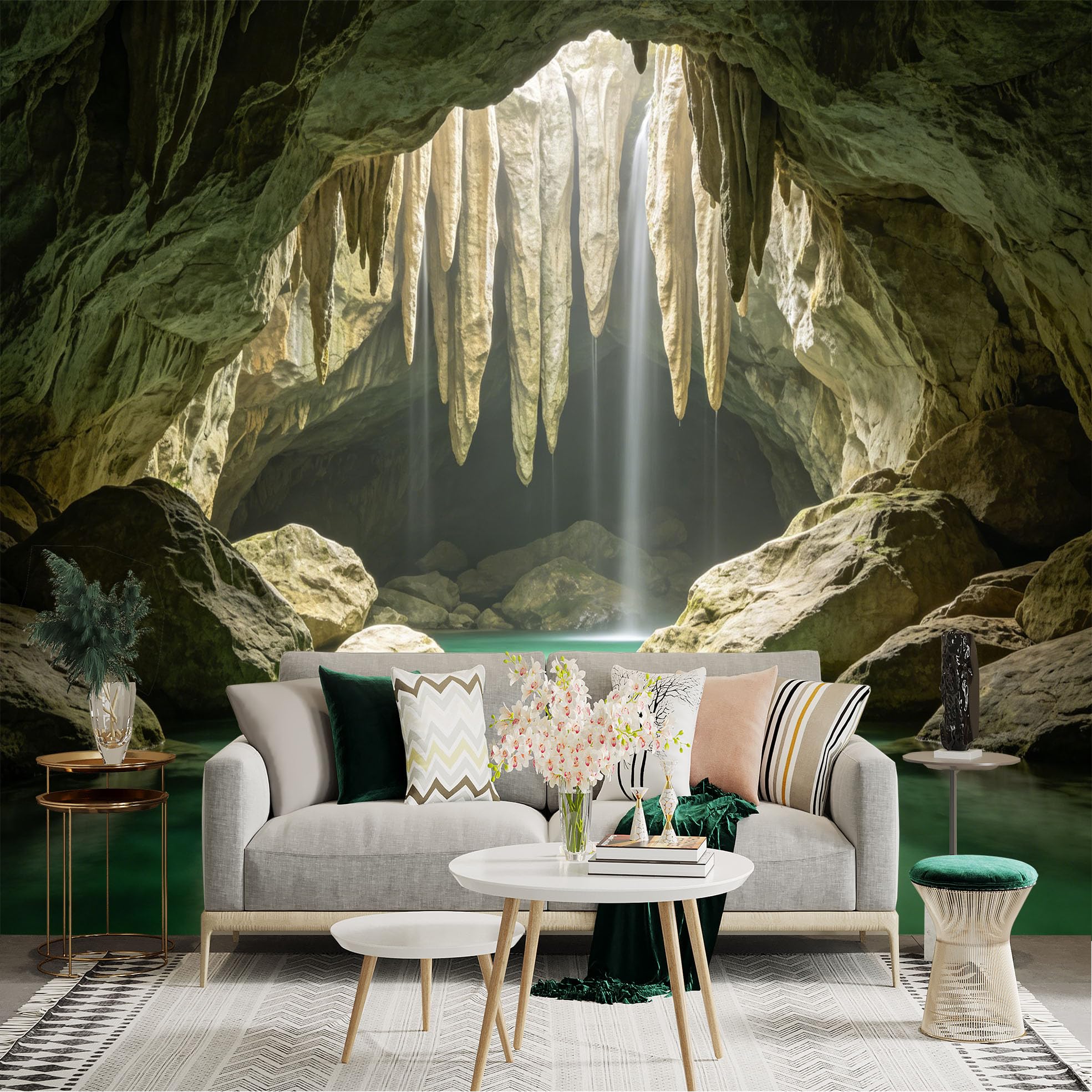 Lnzczhyre Dbh260521689 Custom Size Wall Sticker Mural， Natural Cave With Underground Waterfall， Turquoise Pool And Limestone Formations， For Wall Decoration， Peelandstick Wall Decals.