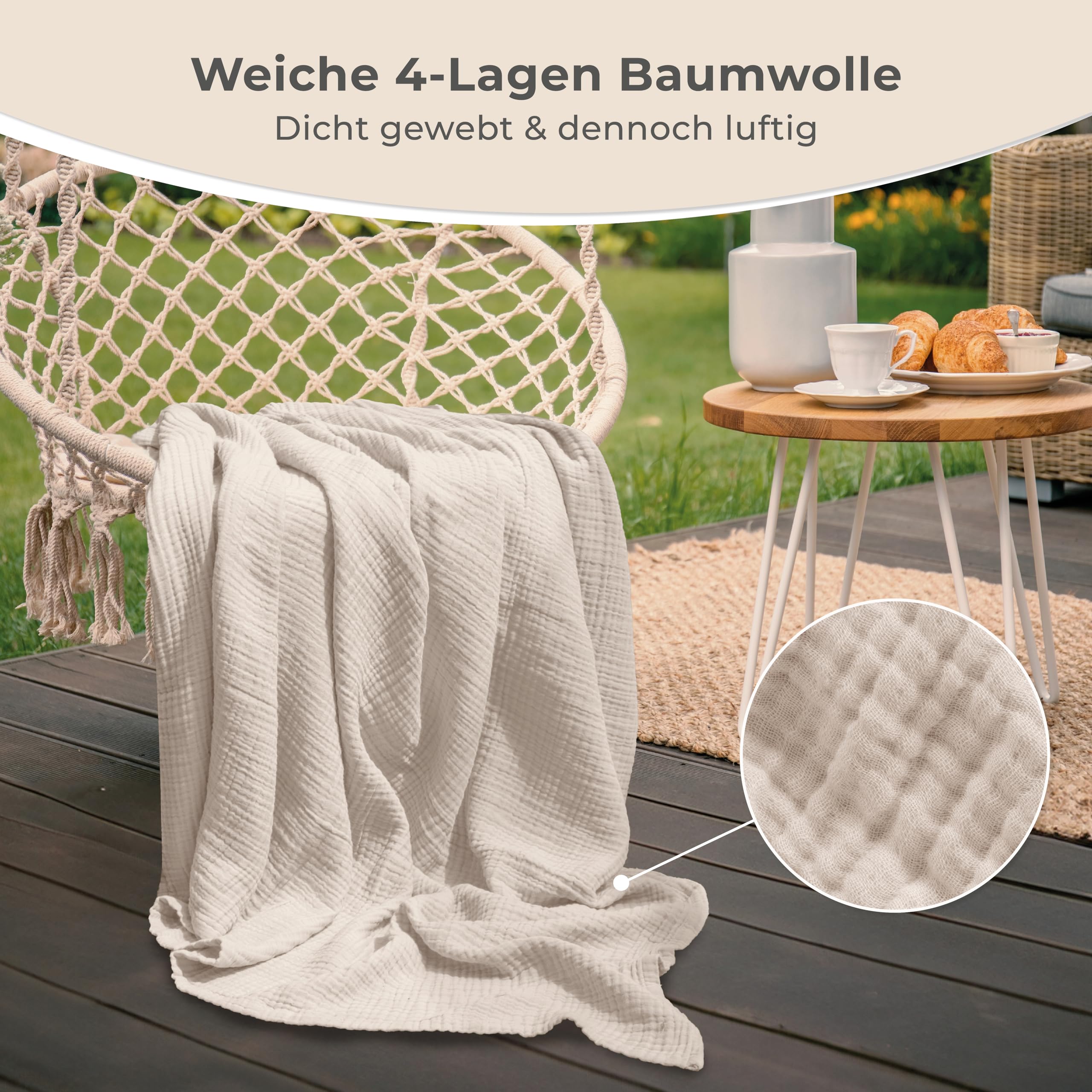 LAYNENBURG Narzuta muślinowa klasy premium, 220 x 240 cm, XXL, 100% bawełna, bardzo miękki koc bawełniany jako przytulny koc, narzuta na łóżko, narzuta na sofę, na kanapę, ciepły koc na sofę (kremowy)