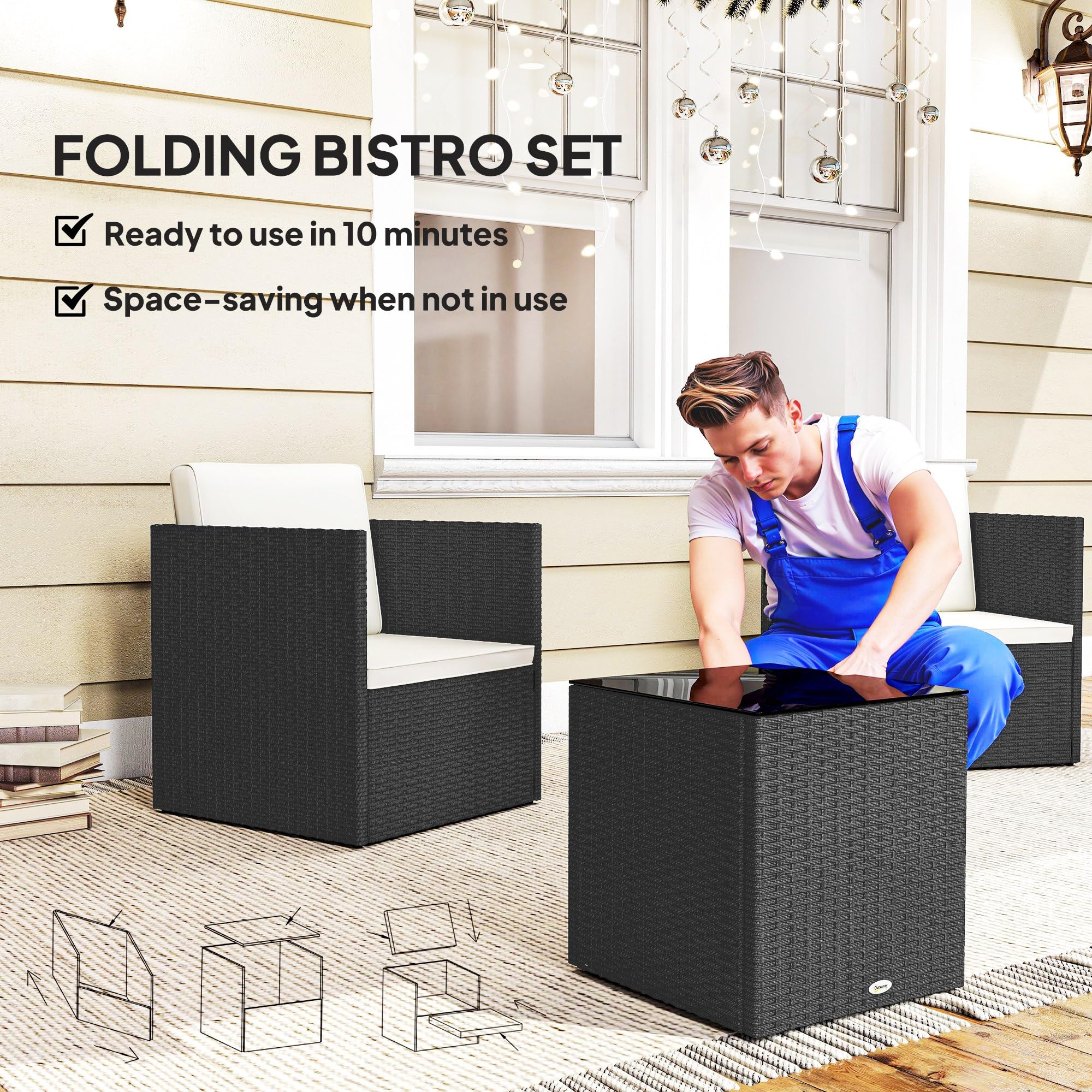 Juego de muebles de patio de 3 piezas, juego de bistró plegable de mimbre para exteriores con cojines lavables, patas ajustables y mesa de centro de cristal, fácil montaje para jardín, balcón 3