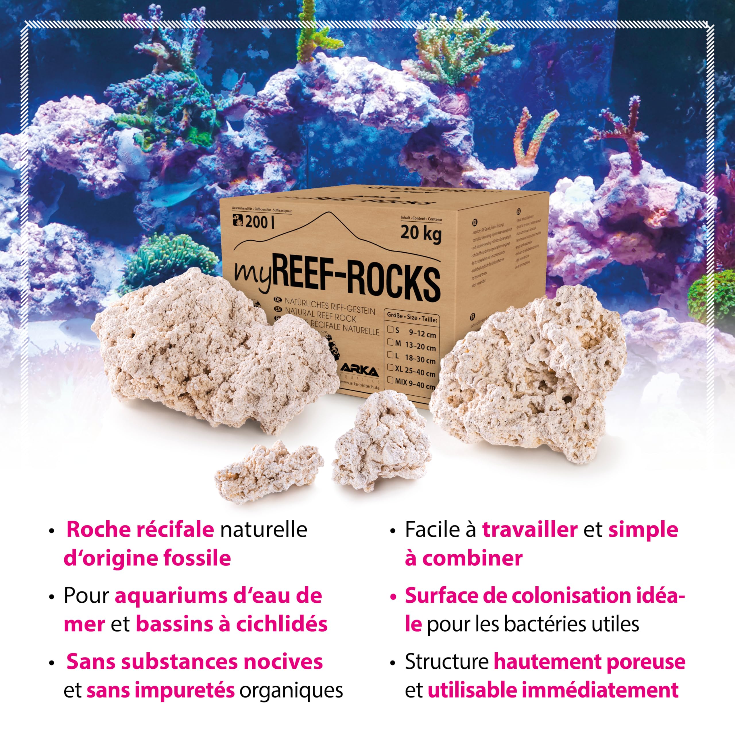 ARKA myREEF-Rocks 20kg - Roches Naturelles pour Aquariums Marins, constructions Authentiques, sans polluants, Surface optimale pour colonisation bactérienne