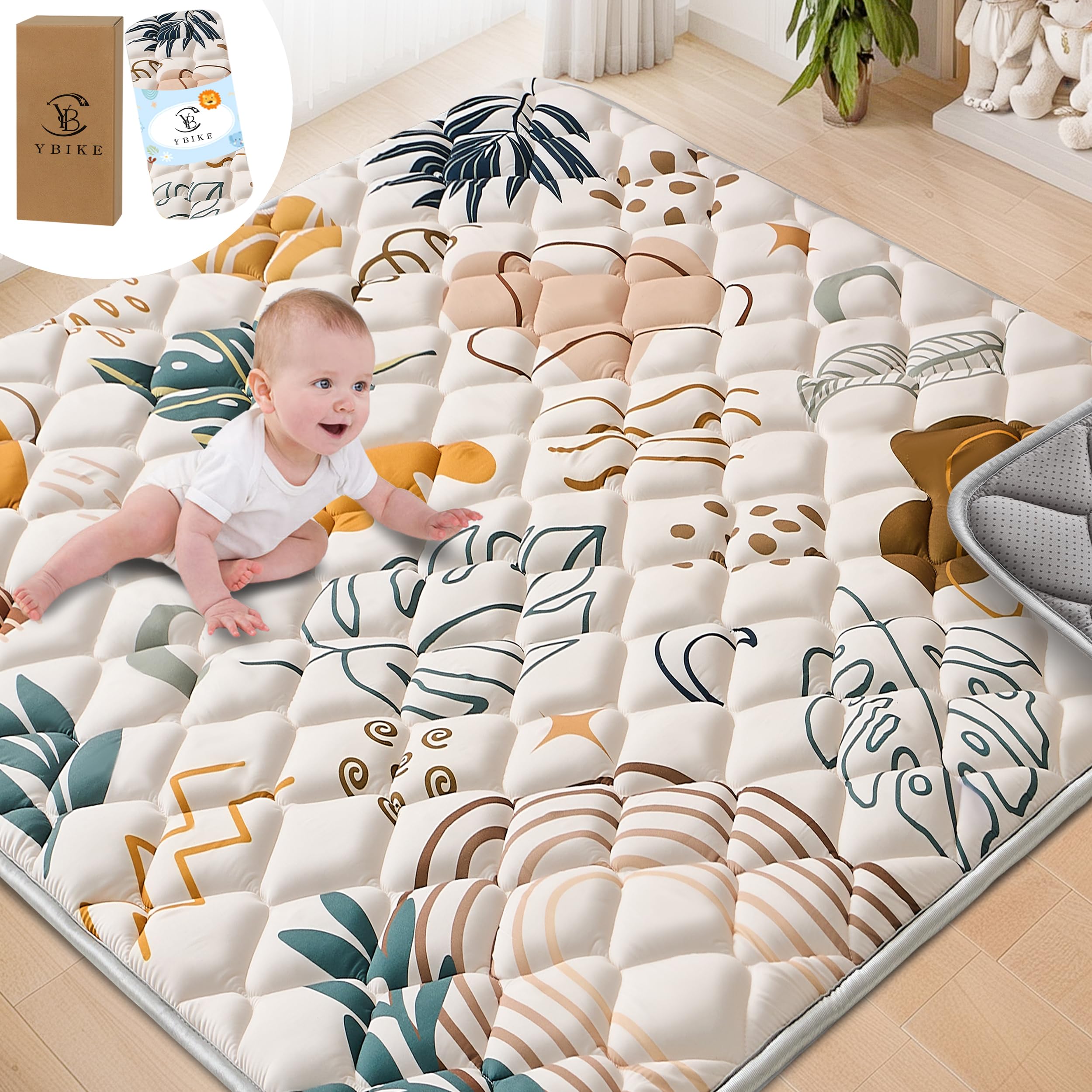 YBIKE Baby Play Mat for Floor, Foldable Large Non-Slip Thick Baby Crawling Mats 127x127cm, Portable Soft Tummy Time Mat, Machine Washable Playmats for Toddler Kids (Boho Leaves 2)