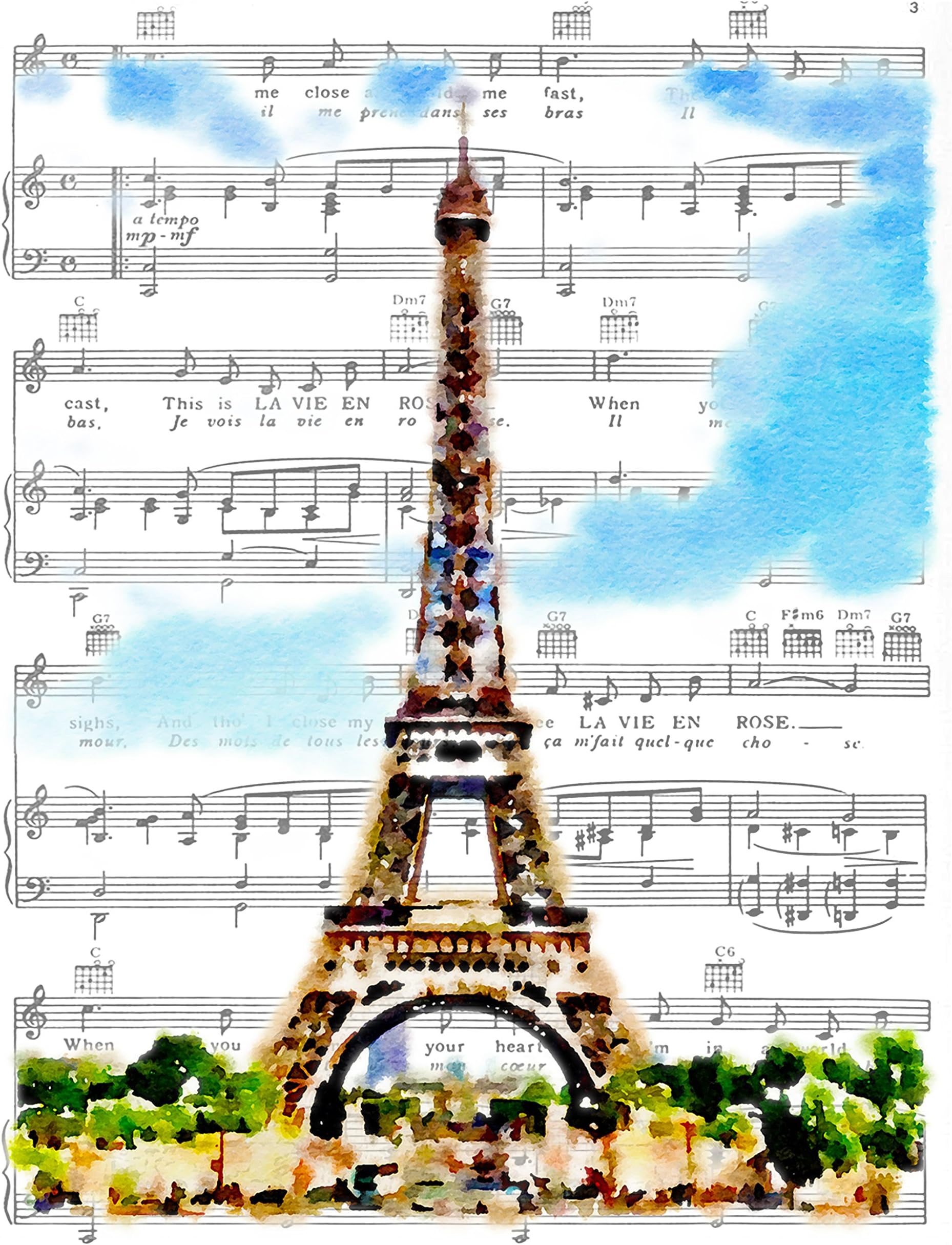 8x10 Eiffel Tower, Paris, France, Fine Art Print, Overlaid on Edith Piaf's La Vie En Rose Sheet Music Artwork. Poster Print. Size 8x10 Inches (TFHEiffel810)
