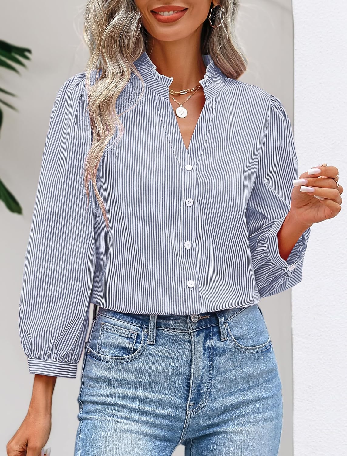 SimpleFun Womens Button Down Shirt Dressy 3/4 Sleeve Striped Blouses Ruffle Vneck Dress Shirts Business Casual Tops