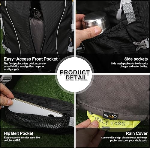 Miniatura 6 de MOUNTAINTOP Mochila de senderismo con marco interno de 60L con cubierta de lluvia Mochila de campamento al aire libre para hombres y mujeres