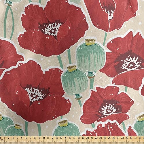 Miniatura 2 de Ambesonne The Yard, tela de flores de amapola con patrón de jardín de primavera con cápsulas de flores rojas y pequeños puntos, tela de satén