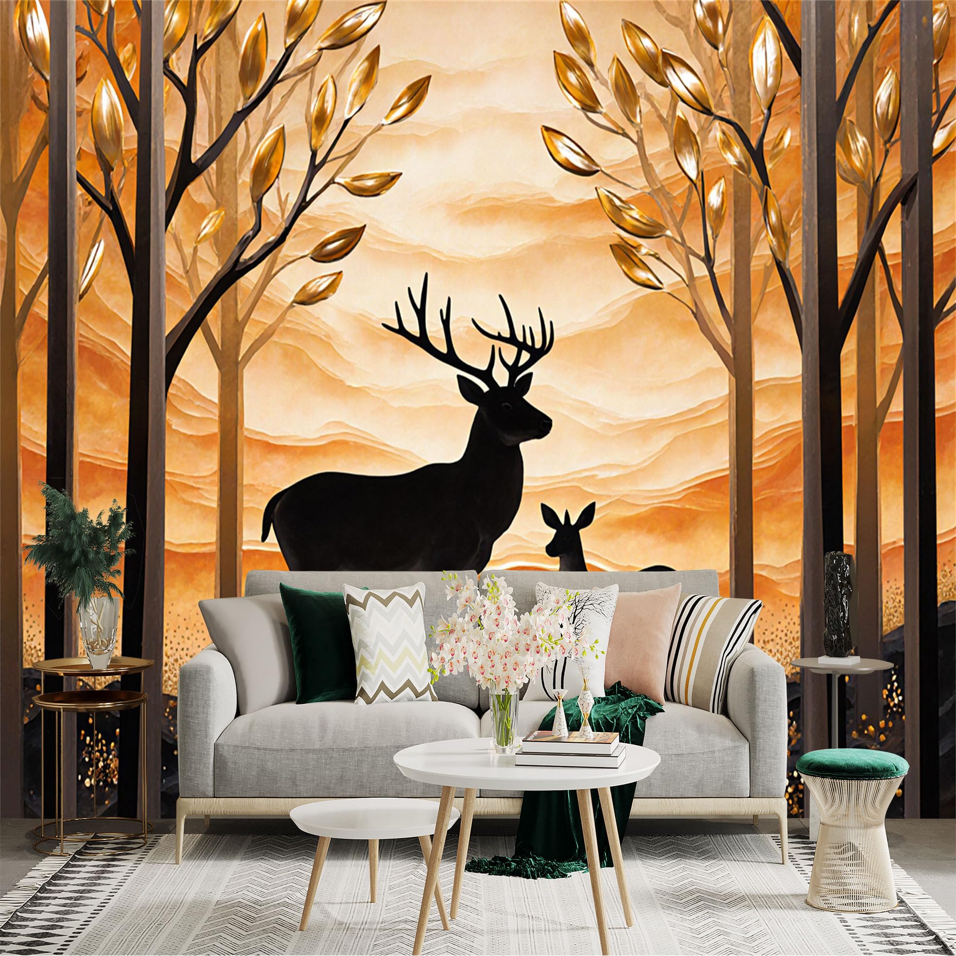 Custom Size Wall Sticker Mural， Golden Forest with Deer， Sunset Landscape and Abstract Trees， for wall Decoration， peelandstick wall Decals.