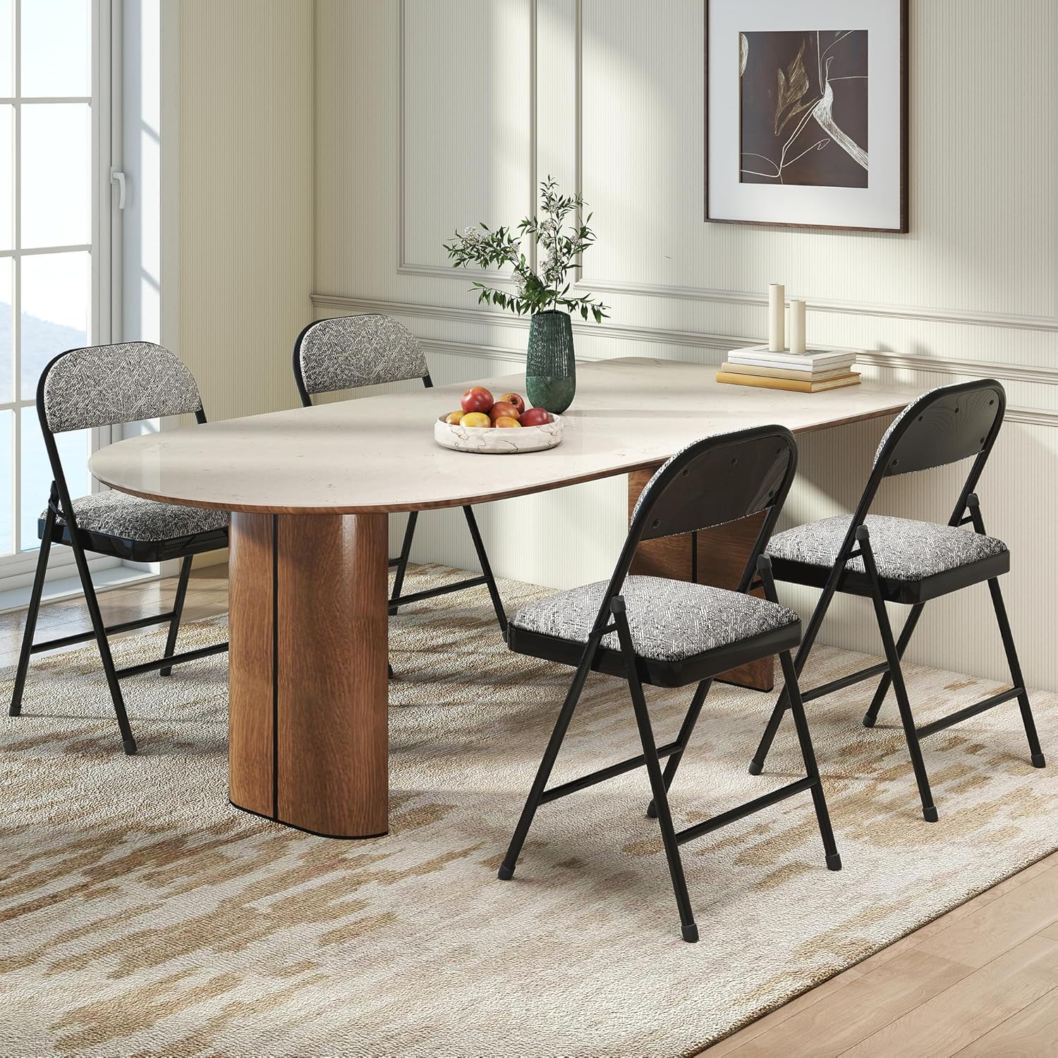 4 Pack Padded Cushion and Back Folding Chairs, Fabric Dining Chair Set with Steel Frame Metal for Home and Office, for Indoor and Outdoor Events, (Fabric Gray)